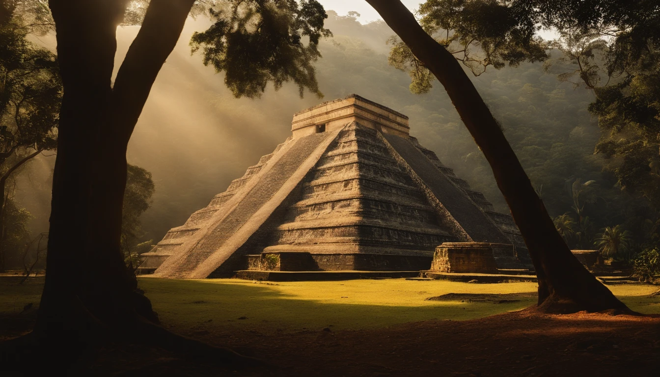 O Dourado, The lost city seen among the trees of a dense forest, uma grande piramide dourada brilhando com a luz do sol, fotografia realista.