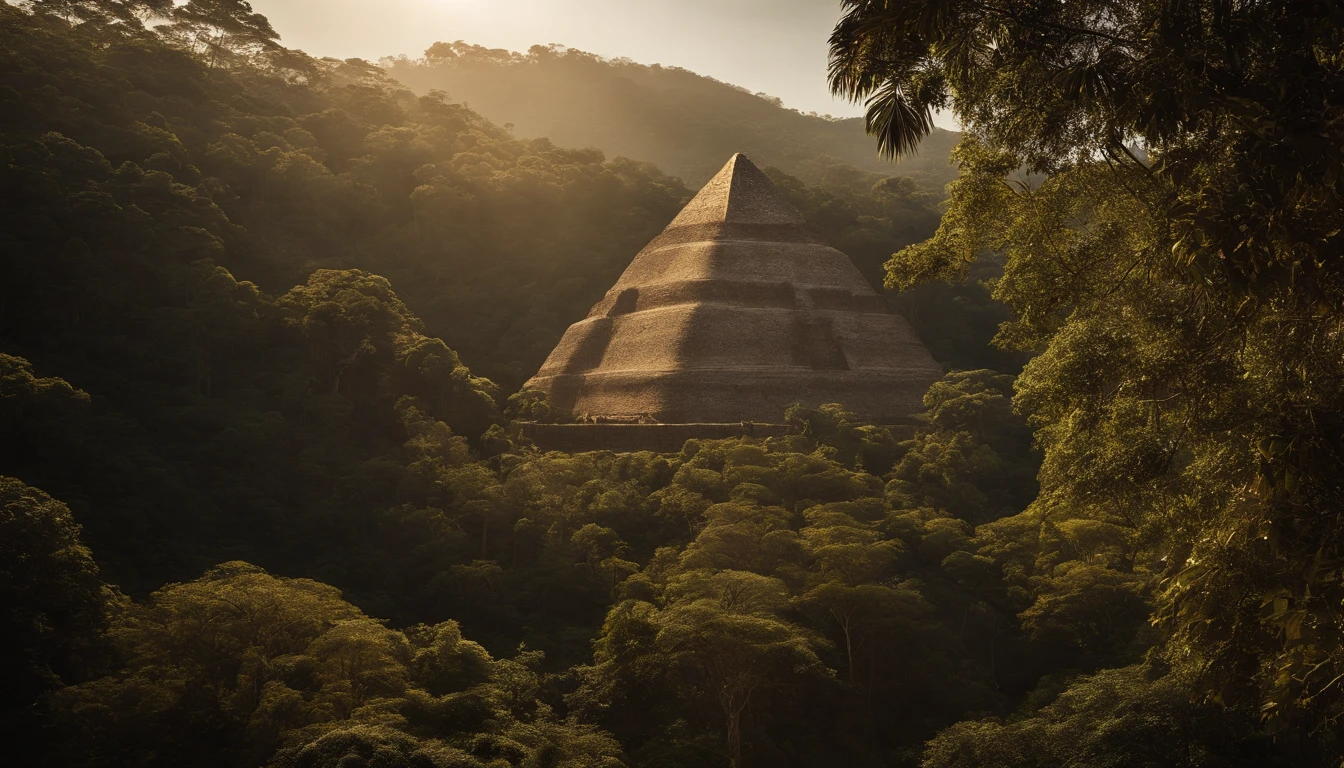 O Dourado, The lost city seen among the trees of a dense forest, uma grande piramide dourada brilhando com a luz do sol, fotografia realista.