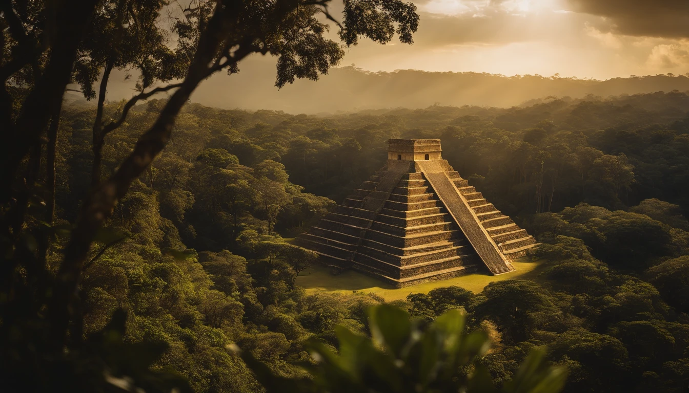 O Dourado, The lost city seen among the trees of a dense forest, uma grande piramide dourada brilhando com a luz do sol, fotografia realista.