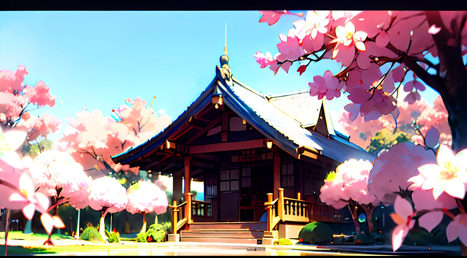 Describe an image of the picturesque Japanese village surrounded by cherry blossoms. ,
hyper-realistic, 8k, ultra hd, Pixar style, Japanese anime style, cinema 4d, --ar 3:2