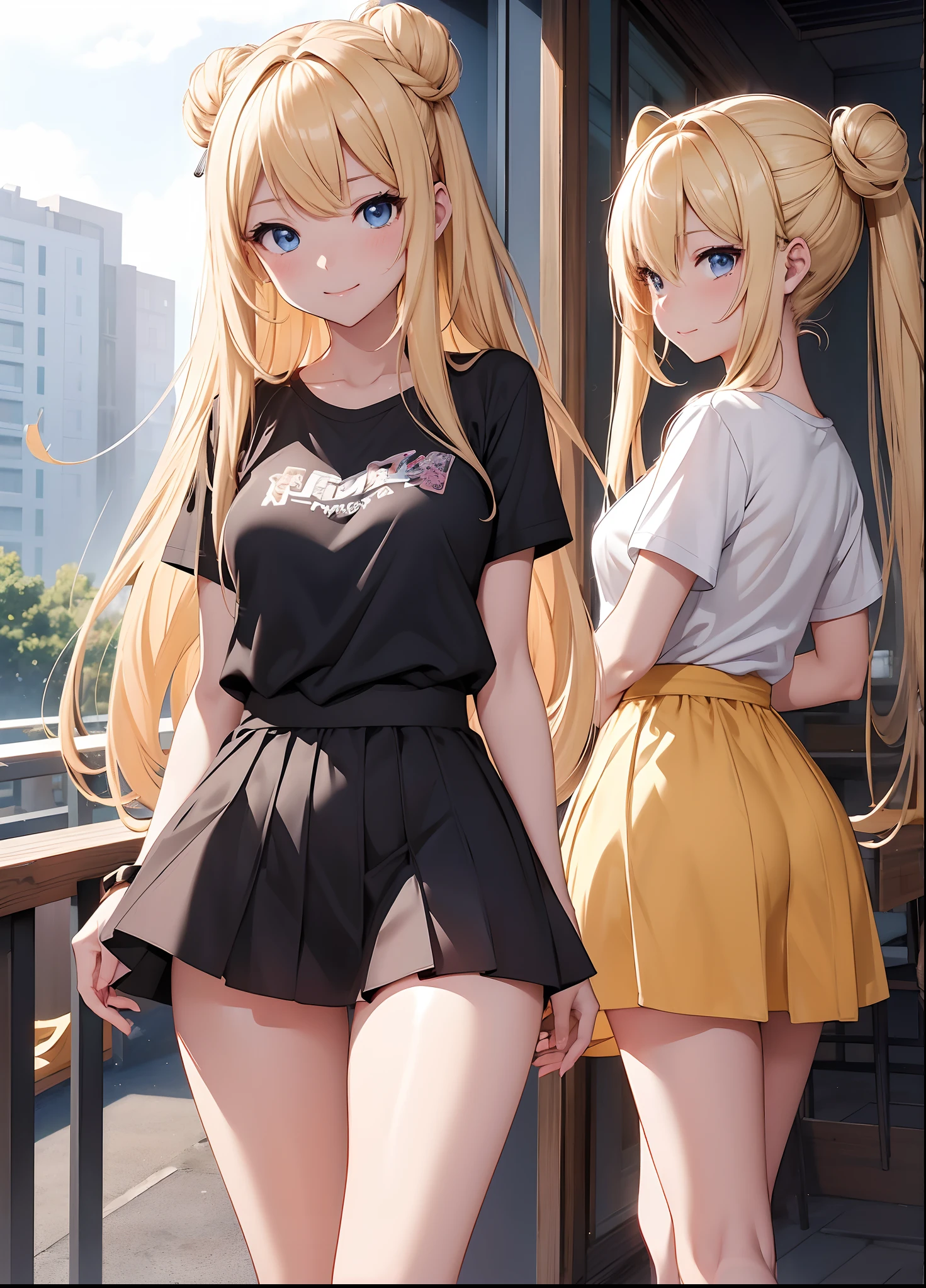 Blonde's Half standing on park, bun long hair anime girl, Seductive Anime Girl, charming anime girls, Anime Girl, Beautiful anime girl, Cute anime girl, pretty anime girl, Anime Girls, young anime girl, 超現実的なThe top is a T-shirt with a tight body line, and the bottom is a tight miniskirt. splash art anime , Anime Best Girl, 超現実的なThe top is a T-shirt with a tight body line, and the bottom is a tight miniskirt. an anime girl, Ecchi anime style、big smile,(shiny silk skin:1.4),((masterpiece:1.2、top-quality)), ultra-detailliert, Ultra-precise depiction, Ultra-detailed depiction,