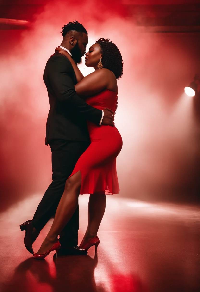 Black couple, Melanin, plus size, Dressed in silky red dress With heels, handsome man with full beard and locs, wearing red suit, standing in ballroom holding each other, White and red smoke under feet,