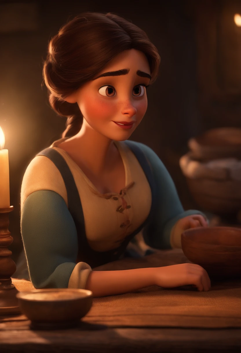 Image de style Pixar ,elle tient un couteau femme brune,  of a French peasant village, vulgaire, sexy ,gros plan, Pixar, Disney, Cinema Lighting,