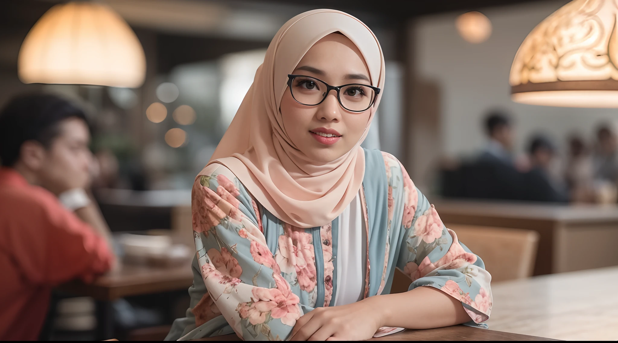 A photo of a young, nerdy malay woman in hijab sitting in a starbuck cafe with 1 malay men in office suit standing behind, woman wearing pastel floral pattern baju kurung, surrounded by a cozy atmosphere, cool ambient, looking at the viewer. (Detail skin:1.3), haired hand,
Hijab, slender, red lips,  flirting with the camera, Panavision DXL2, 28mm lense, Establishing shot, muted color grading, cinemascope, thriller, high quality, ultra detailed, 8k resolution,