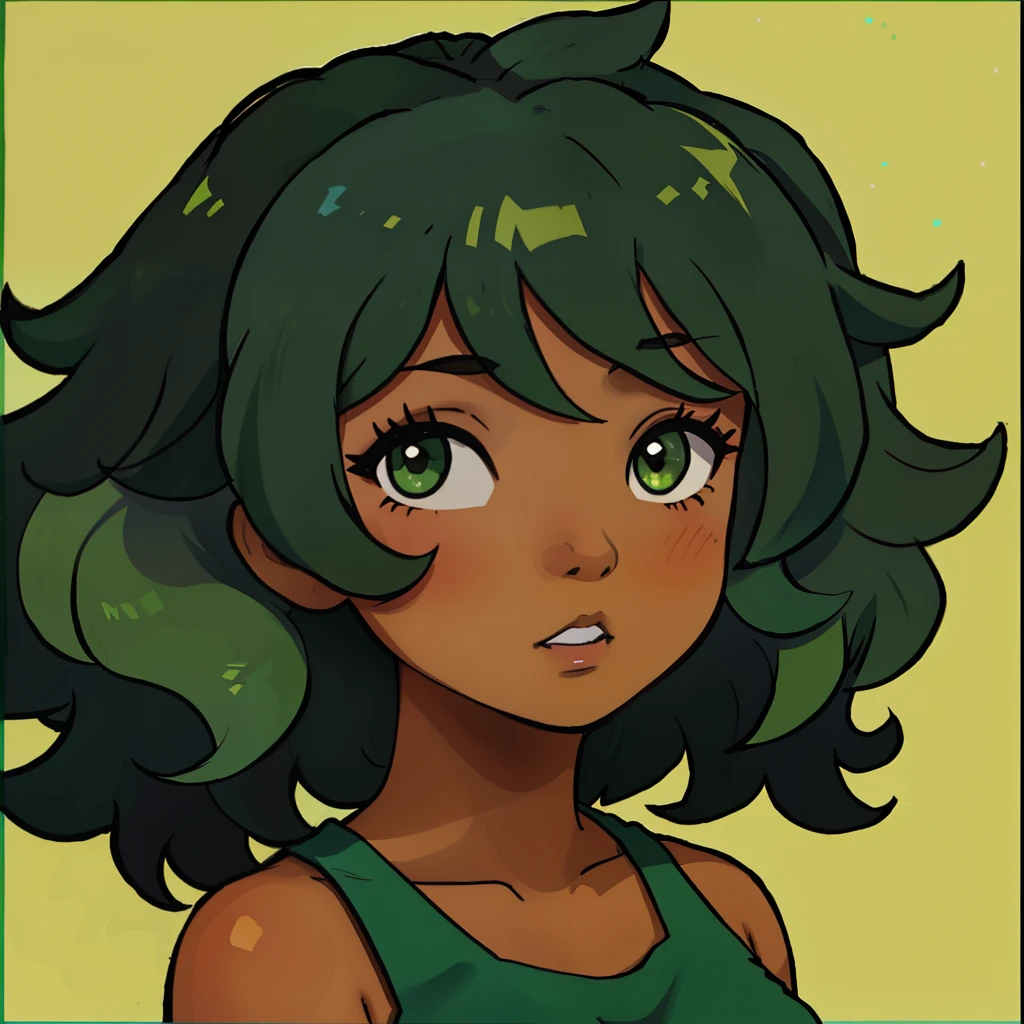 Half Filipino half black, tanned skinned, curly wild hair girl, round nose, green hair,