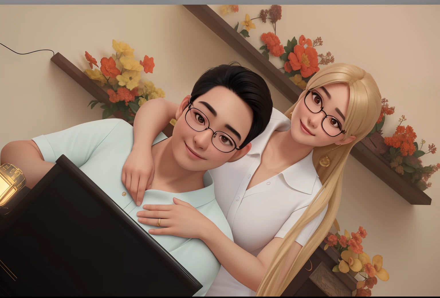 a asian man, short Black hair, (best quality,4k,8k,highres,masterpiece:1.2),ultra-detailed,(realistic,photorealistic,photo-realistic:1.37),a woman in her 34s,longe blonde hair,round face with a charming smile, and light brown eyes,wearing glasses.