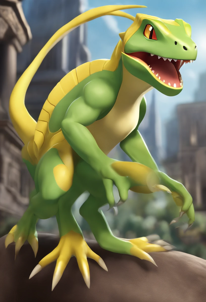 (Best Quality, Masterpiece), solo, (lizard-like pokémon, humanoid muscled green and yellow body, lizard-like pokémon), yellow fighting gloves (Cartoon: 1.5), String, Busty
