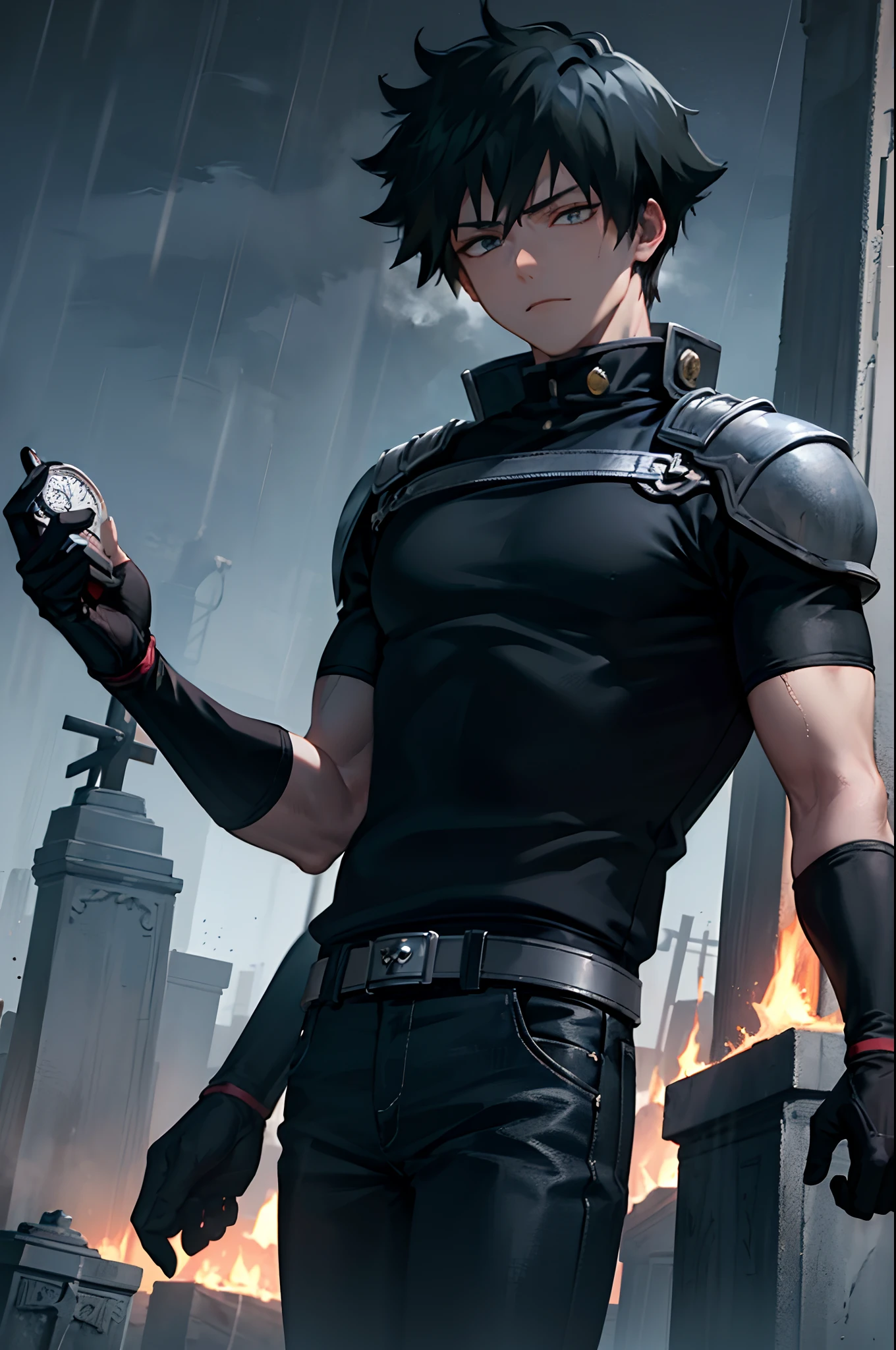 Teen boy, darkness, hand with scar and burning scar, t-shirt, black jeans, poker face, cemetery background, anime characters, male anime, focus anime, hero academia, scary hand, night darkness, raining, monster hand, have power to absorb the elements of life, darkness hand