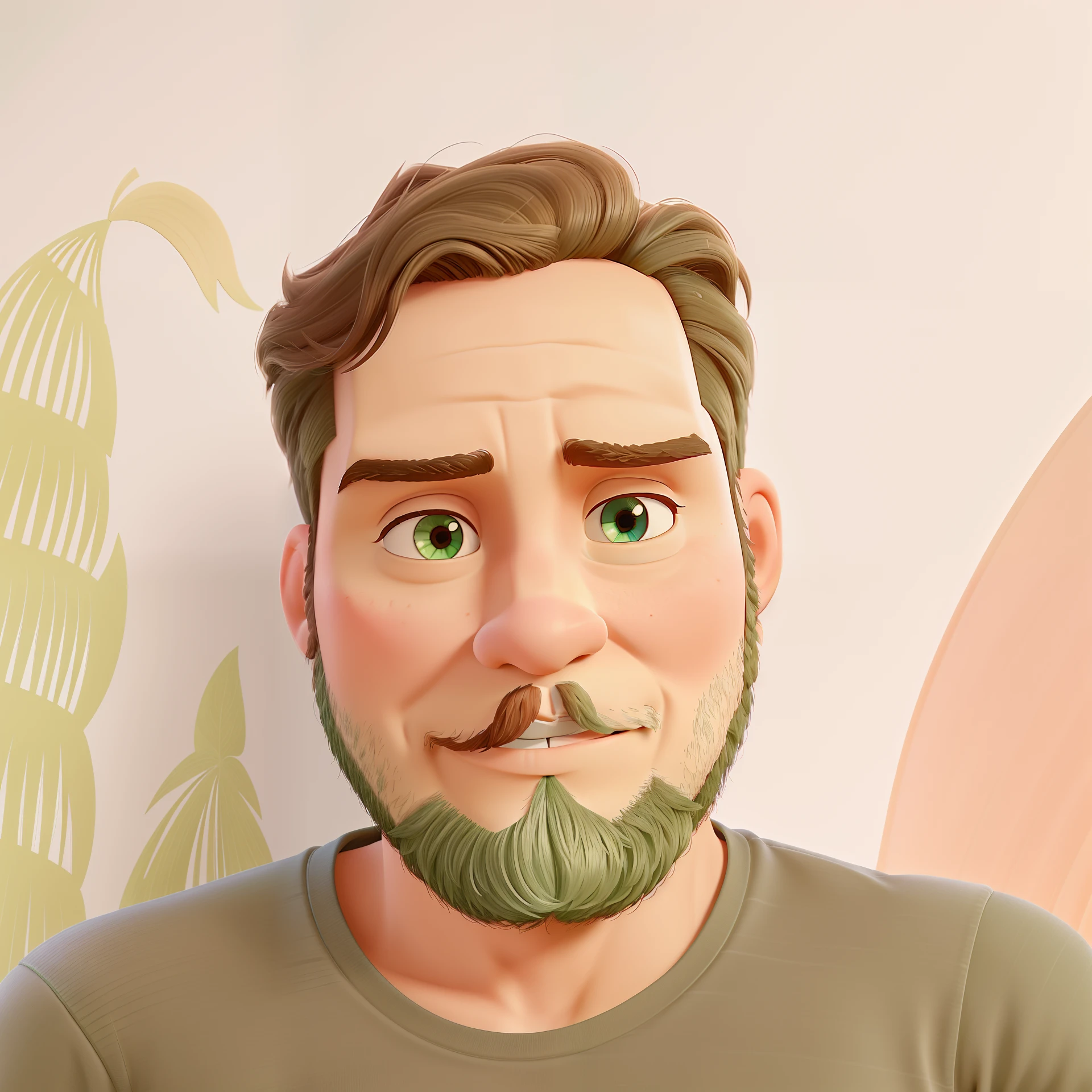 Um jovem professor de barba e cabelos castanhos claros, olhos verdes e branco, modelo Cartoon Disney pixar