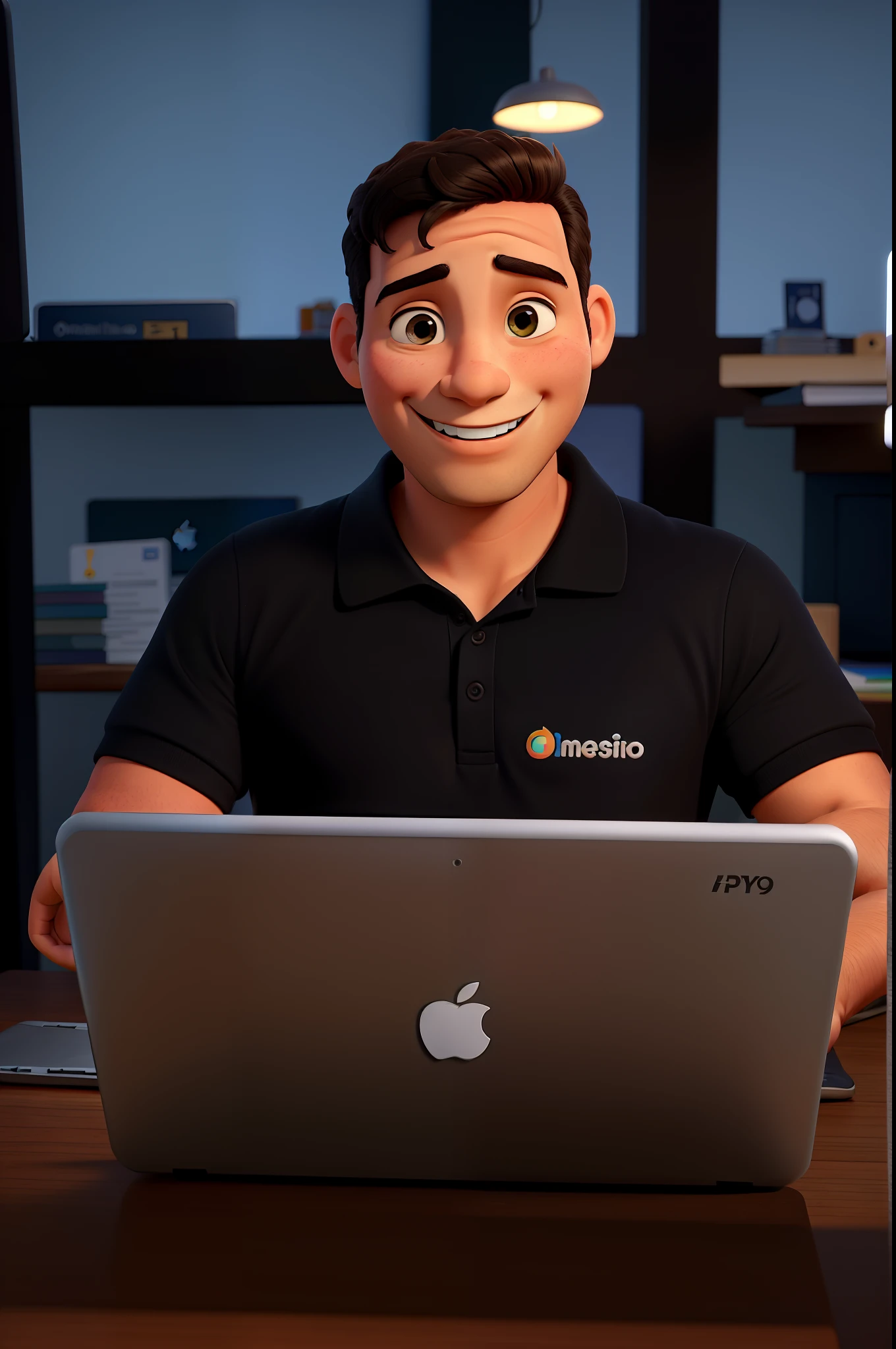 Menino moreno, sorrindo, Behind the laptop, polo preta com logo EXCLUSIVA, estilo disney pixar, alta qualidade