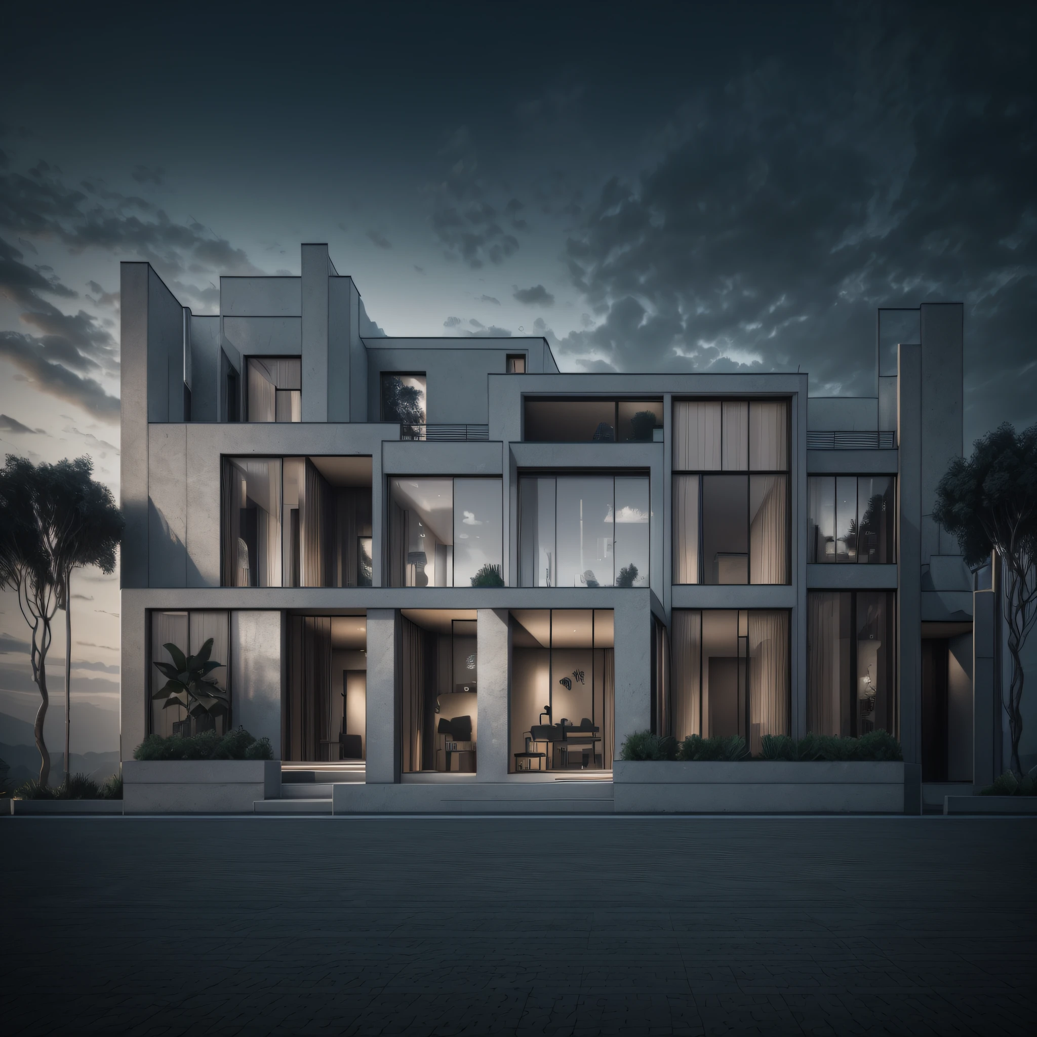 photo realistic, hd high res ultra high quality rear view plan modern villa, dark grey large Tiles FACADE,Grey paint,brick walls,large glass windows, wooden door, interior lights,trees, grass, plantation, plants,, perfect composition, beautiful detailed intricate insanely detailed octane render trending on attestation, 8 k artistic photography, photo realistic concept art, soft natural volumetric cinematic perfect light, chiaroscuro, award - winning photograph, masterpiece, 3d rendering, front view plan, realistic,hyper realistic, intricate details,hd details,128k,(sharp lines)(use vivid multi dark colors)(3d rendering)(brick)