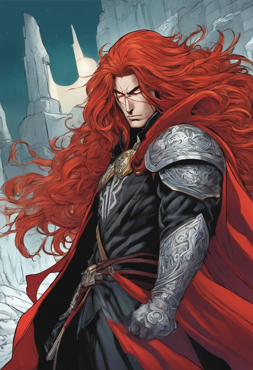 Male with long red hair, black veins from the eyes onto the cheeks, black claws down to the elbows, black cloak with white X markings, tall and muscular, fully black eyes, has third eye that is also fully black, one piece