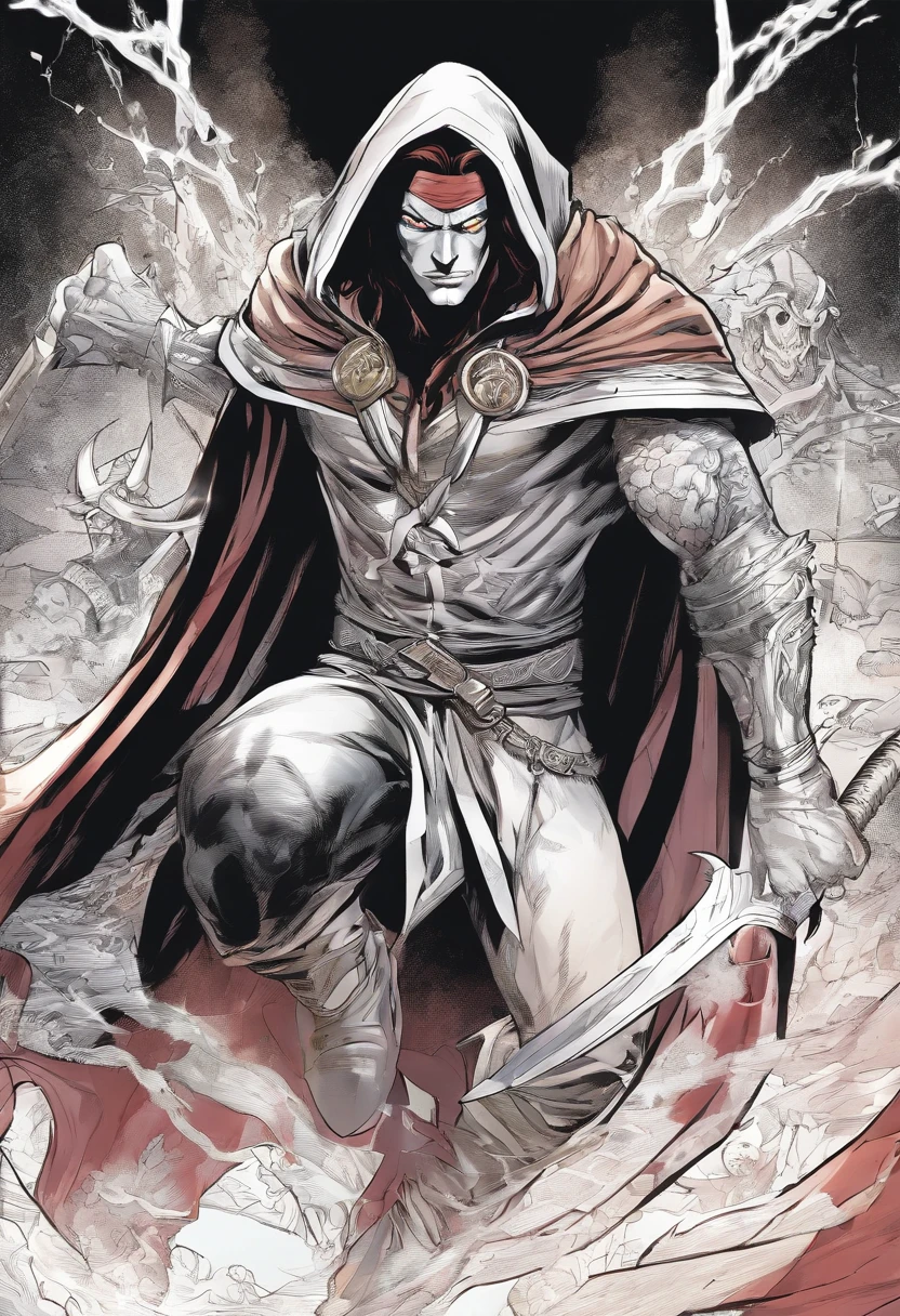 Male with long red hair, black veins from the eyes onto the cheeks, black claws down to the elbows, black cloak with white X markings, tall and muscular, fully black eyes, has third eye that is also fully black, one piece