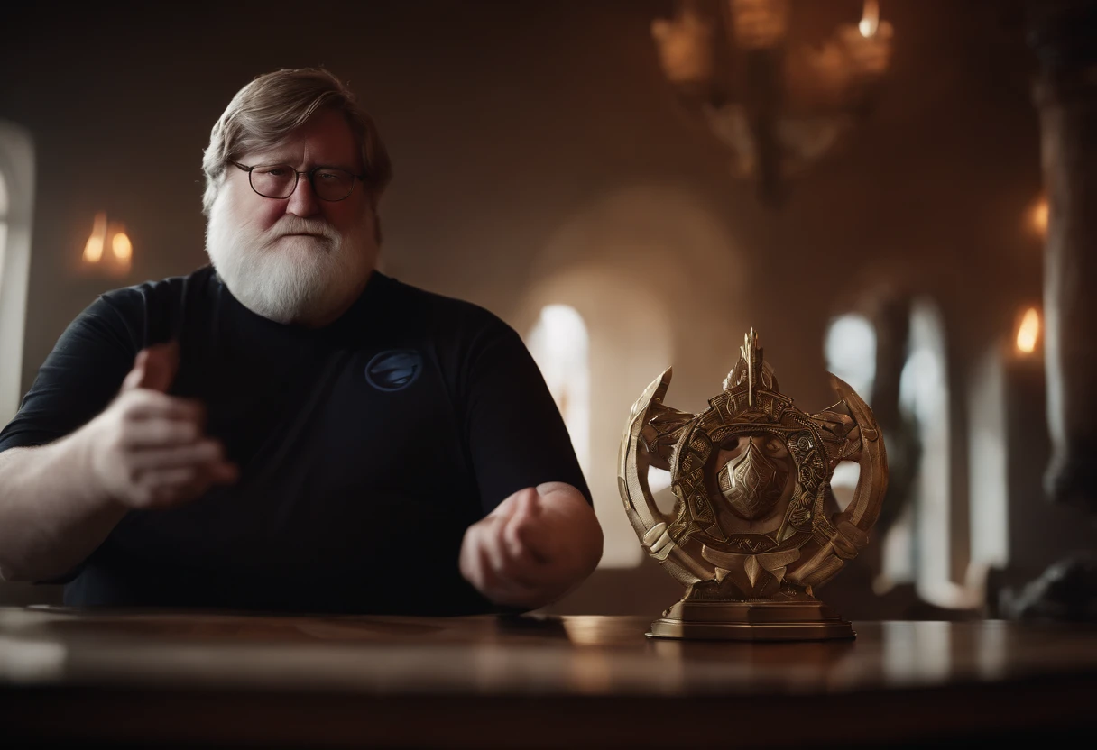Gabe Newell holding dota 2 aegis