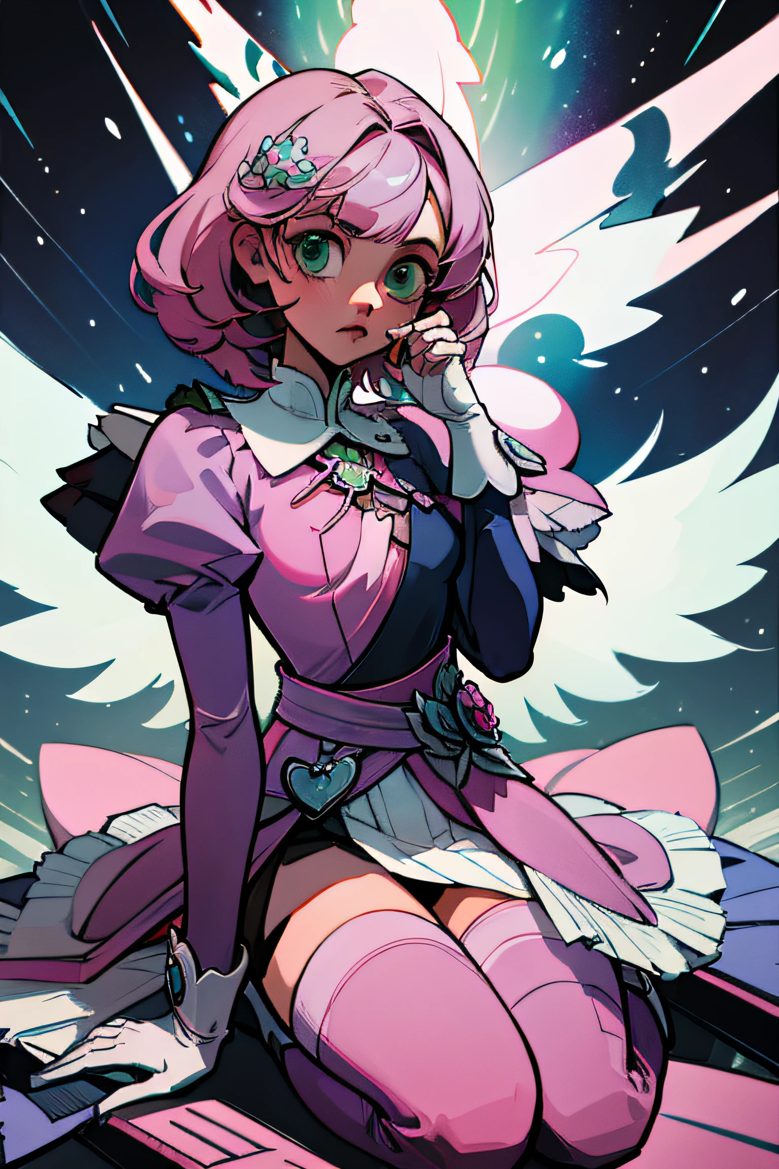 Alisa bosconovitch, melhor qualidade, contemporary, estilo plano, minimalismo, Green Eyes Flat Illustration, cabelo rosa, cabelo curto, cabelos multicoloridos, Camisa Preta, mechanical wings, Head Portrait Close-U, peito pontudo, decote, super decote, middlebreasts, Tekken,cabelo rosa pastel, 1girl, em quimono, hand-painted,Desenho de linha sem cor, colorida do yandere pastel, Tekken, com roupa de empregada,figura esbelta,robusto,He sat on the floor,Vestido com roupas de empregada rosa e branco,cabelos muito curtos,com orelhas de gato,quadratic element,, kawaii cor-de-rosa na roupa da era de 1910, Alisa Bosconovich pink lips, no estilo da paleta de cores suave aurorapunk, an anime illustration of his face, gifs animados, hand drawn animation, charming sketches, suave e brilhante, romantismo nebuloso, Estilo Superflat, fundo branco - ar 1:1 - niji 5 - estilo expressivo --s 50