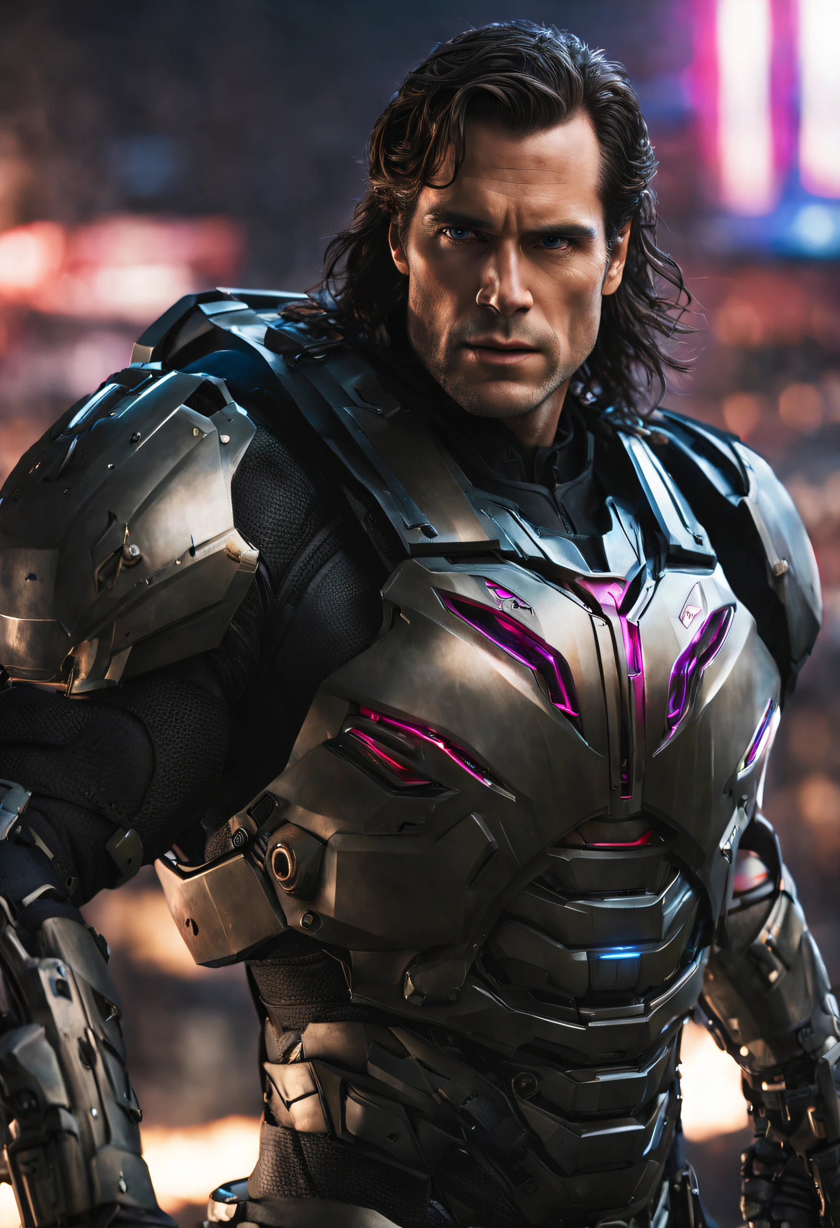 ~*~breath-taking~*~ Cinematic realistic close-up shot in a movie scene, cores vibrantes, altamente detalhado, Apresentado no Cinemascope, criando uma atmosfera mal-humorada. aquamarine, humor sombrio, corpo inteiro com armadura preta, helmetless showing in detail Henry Cavill's face with long hair down to his back, Henry Cavill com cabelos bem longos na altura das costas, Postura de luta, dynamic pose, cyber muscular, brilho, (subdivision, design angular, fibra de carbono, alta tecnologia, Pistons, Robotic Frame, Juntas de metal preto, cabos de borracha, Metal screws, robotic, industrial, estruturas), em uma zona de guerra futurista, retrato hiperdetalhado de um Mech, formidable, rubi_vermelho, (extremely high quality:1.3), Cinematic Shot, master part, (foco nítido:1.5), (fotorrealista:1.3), medium portrait of (Male character with Henry Cavill face with long Conan-style hair but with futuristic technological armor, cabelos estilo cabelos do Rambo, e sem capacete, criar um personagem masculino sem capacete com cabelos compridos, With a big technological and futuristic weapon in his hands shooting laser and running photorealistic, They appear full-body from head to toe and without helmets, appear on the top of the head without cutting + aparecer mais distante na imagem, long hair style Conan's hair but with tech suit, estilo cabelo de Rambo, rosto de Henry Cavill aparecendo com armadura futurista preta, Circuitos de luz, in action pose, cidade futurista, Pink and violet sky in the style of realistic and hyper-detailed renderings, cores vibrantes 8k, --Q5 version 5.2 --ar 4:7 --S100 --Semente, --SEM capacete, mas esculpindo as formas em chiaroscuro afiado), it's DAY, (pele altamente detalhada), (rosto detalhado), Antecedentes detalhados, Dark lighting, twilight lighting, Volumetric lighting, detalhes intrincados, UHD,