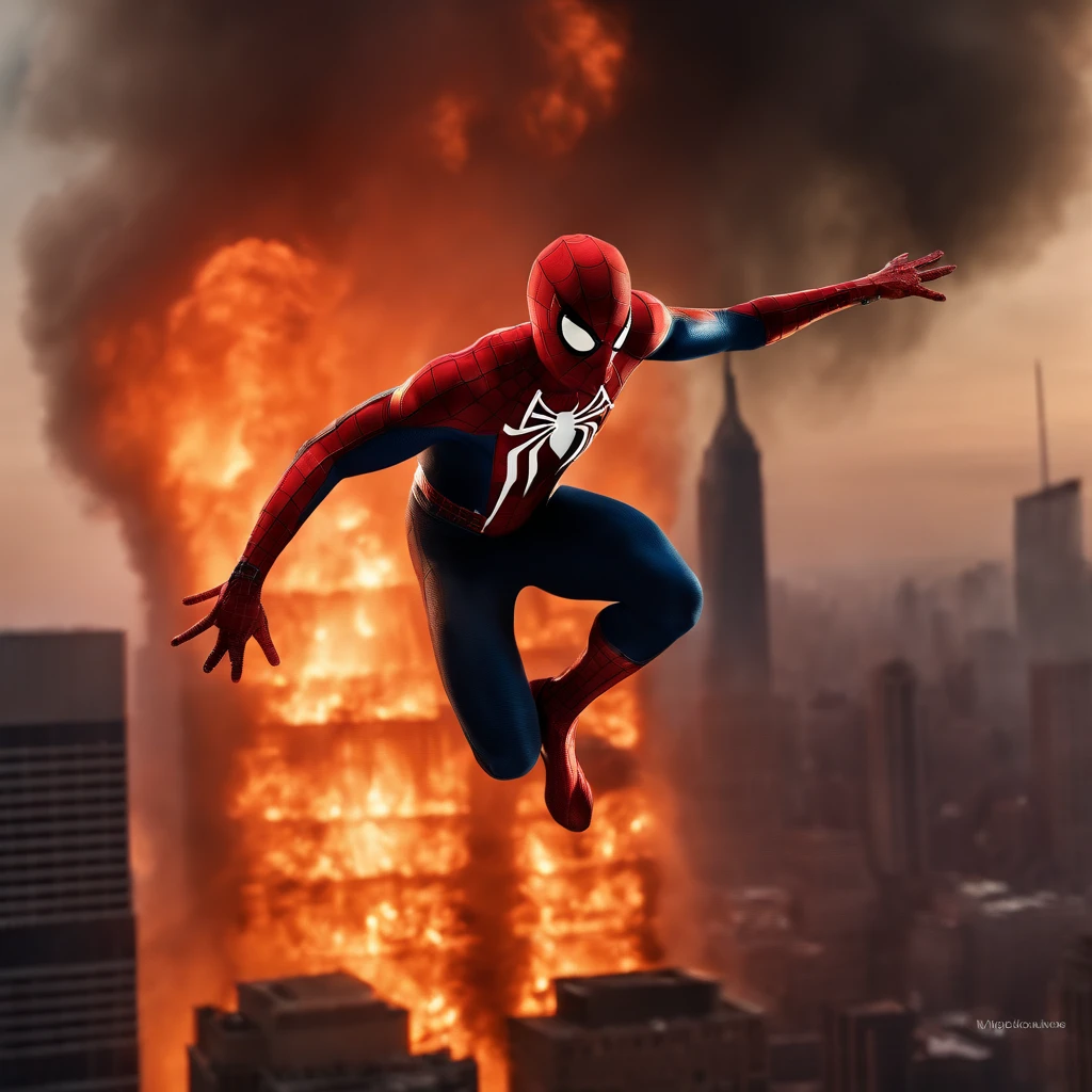 a Spider-Man on top of 9/11 building on fire sky on fire full of smoke movie scene