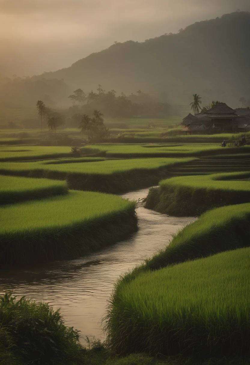 Minangkabau gadag house is in the middle of rice fields, there is a waterfall, birds are flying