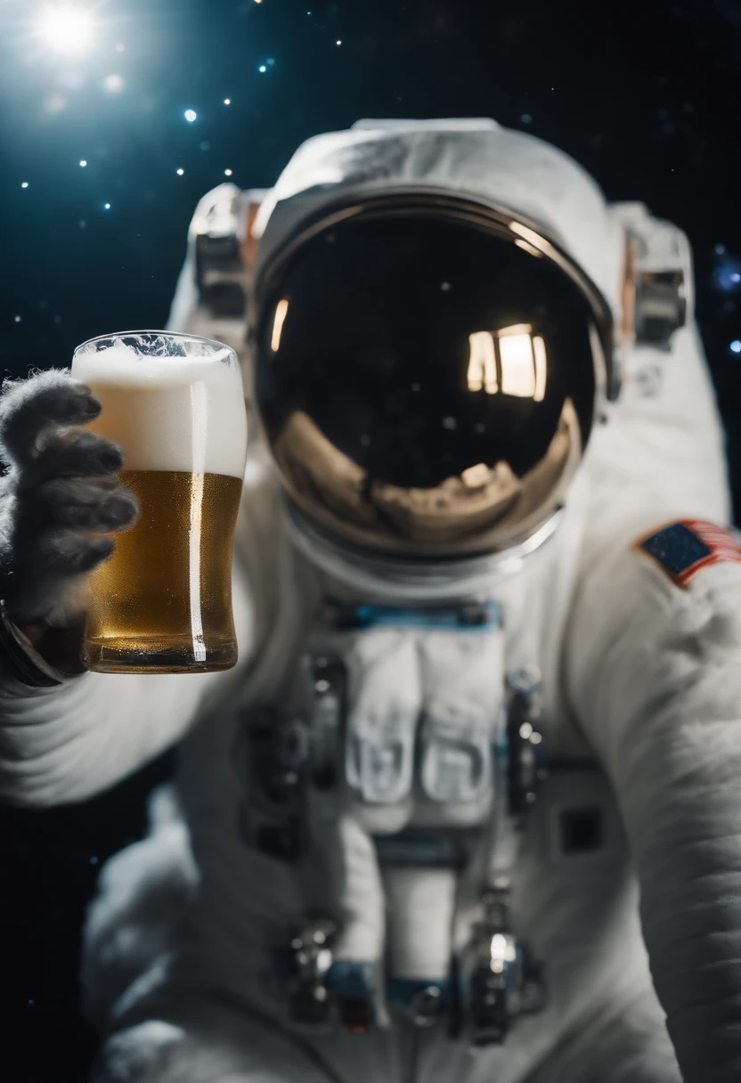 A Yeti themed Astronaut costume, yeti head, floating in space, in the distant center holding a beer, 1/4 of blurred earth in the background, depth of field, beer focus