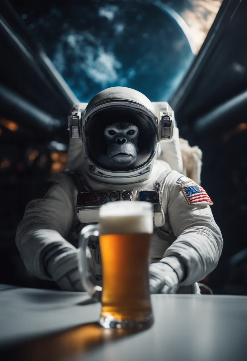A Yeti themed Astronaut costume, yeti head, floating in space, in the distant center holding a beer, 1/4 of blurred earth in the background, depth of field, beer focus