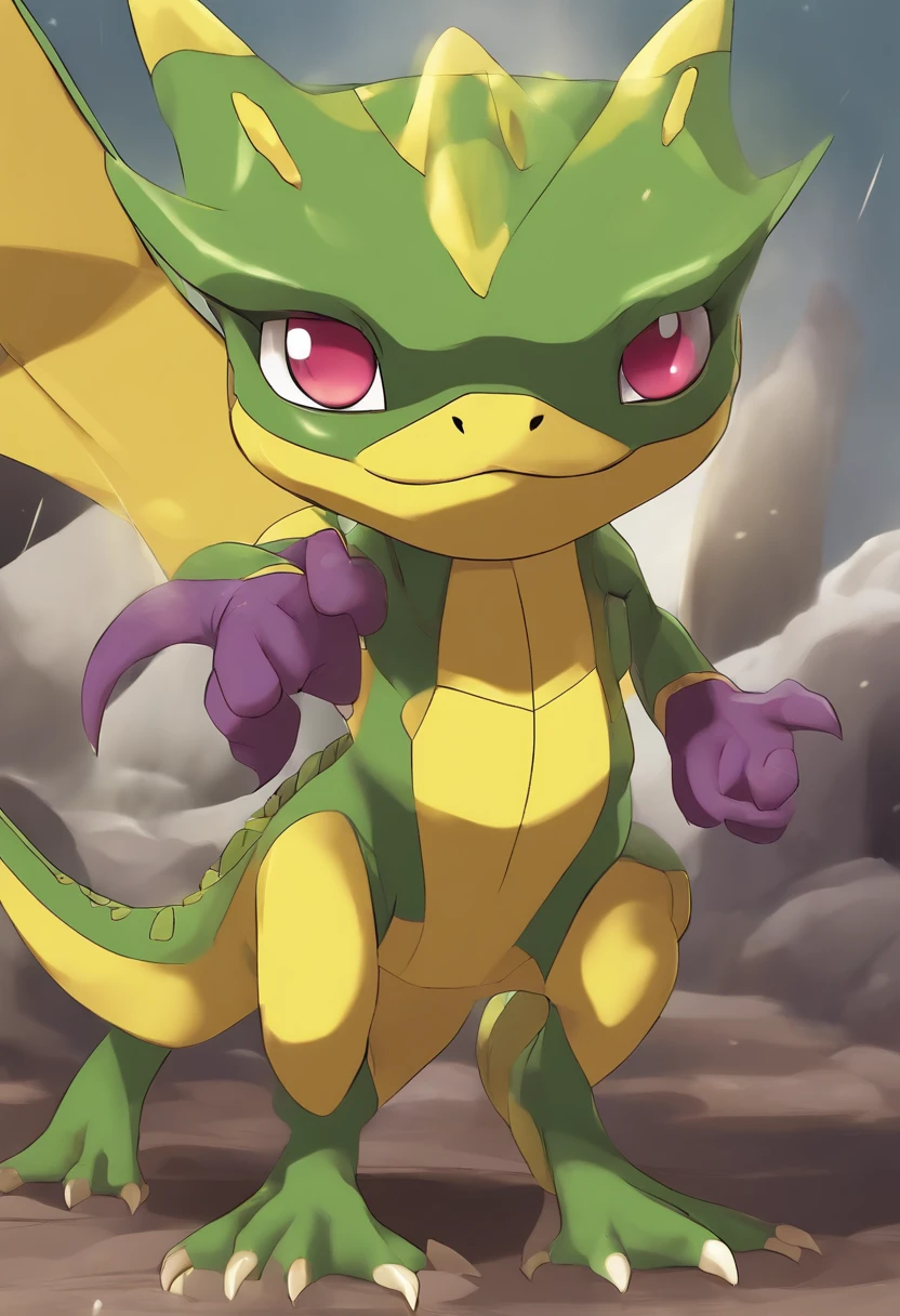 (Best Quality, Masterpiece, Ken Sugimori style, Watercolor), solo, (lizard-like pokémon, humanoid body, muscle, green and yellow body, lizard-like pokémon), classic square anime eyes, yellow eyes, magenta iris, yellow fighting gloves on hands (Cartoon: 1.5)