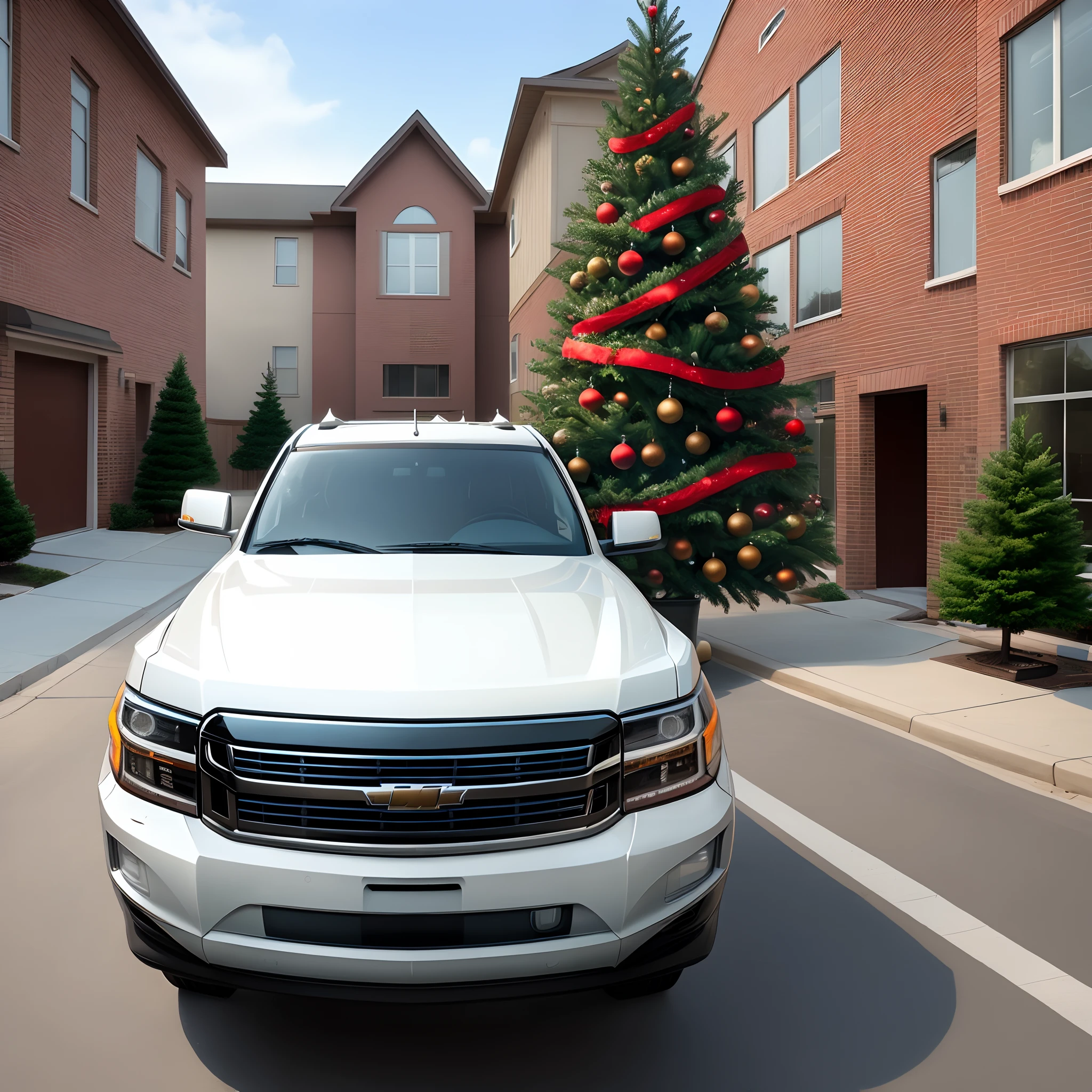 A white Tahoe parked in a driveway with an oversized Christmas tree tied to the roof like the national lampoon Christmas movie
