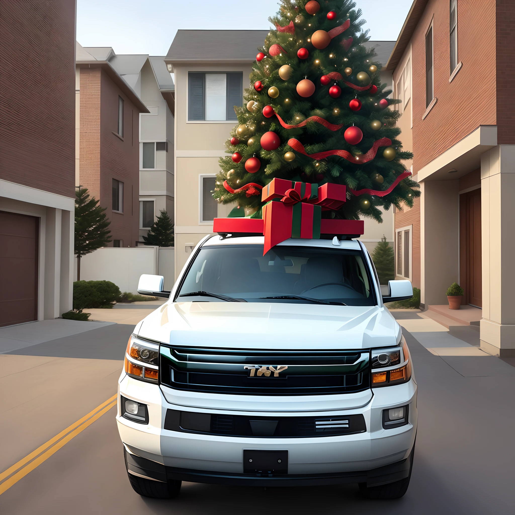 A white Tahoe parked in a driveway with an oversized Christmas tree tied to the roof like the national lampoon Christmas movie