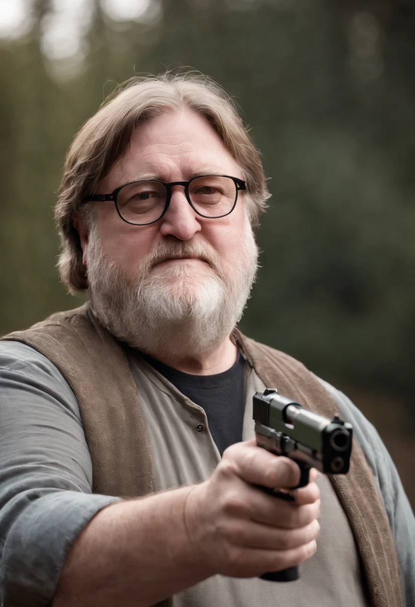 Gabe Newell holding a gun
