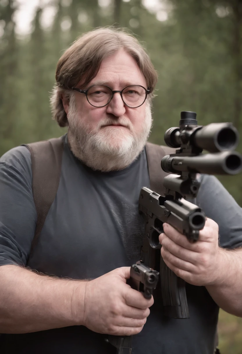 Gabe Newell holding a gun