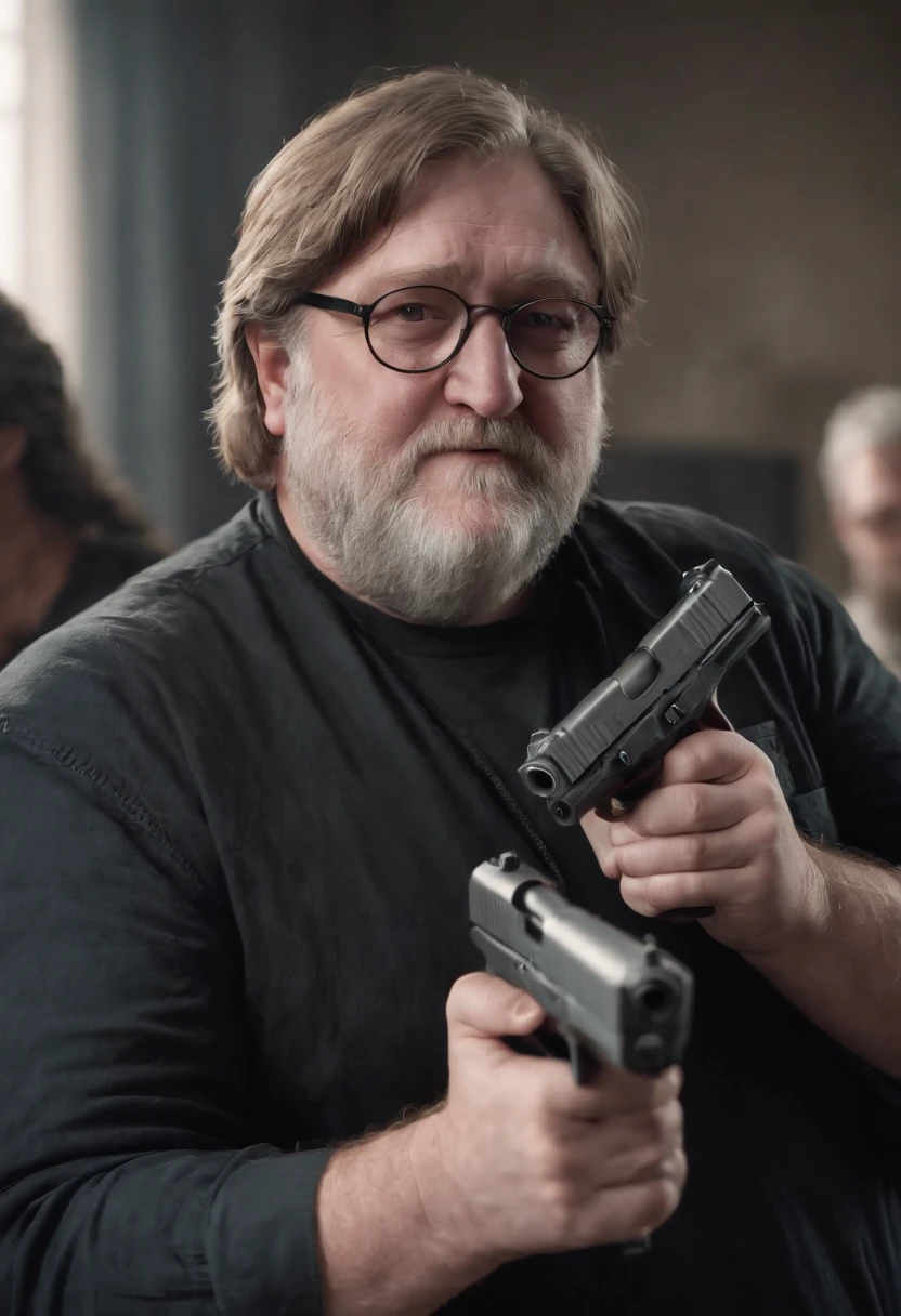 Gabe Newell holding a gun