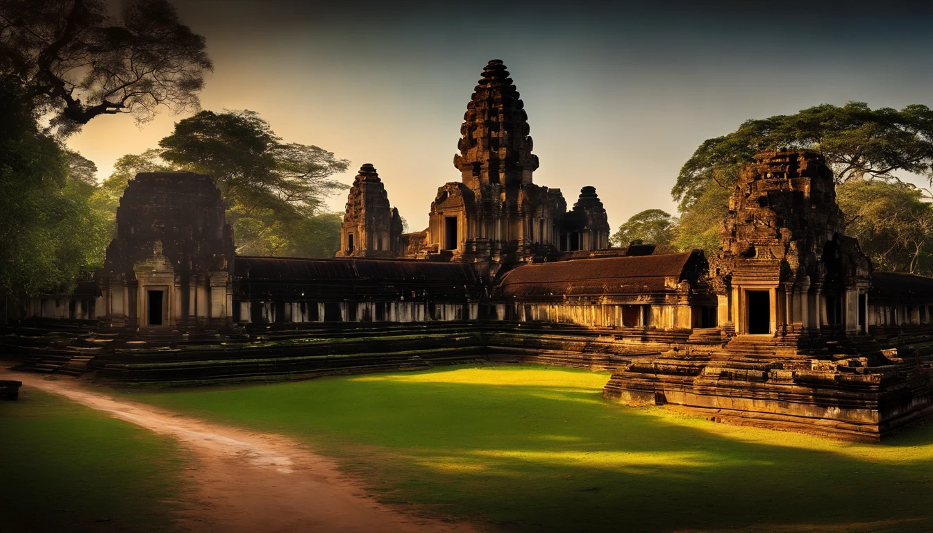 (Stable photodiffusion,grande detalhe foto:1.25),Epic landscape in Cambodia,lindo templo de Angkor Wat, Magnificent Architectural Beauty,torres altas e intrincadas,ancient ruins,esculturas em pedra natural,atmosfera serena,Historical wonder,(Escuro,sombrio,Misterioso) jungle setting,Gnarled vineyards and lush vegetation,Thick tree canopy,Hints of sunlight piercing the foliage,Sonho,ethereal atmosphere,(anjo caindo:1.1) Gracefully descending from the sky,elegante e hipnotizante,asas angelicais estendidas largas,dresses with flowing robes,Divine Beauty and Grace,(olhar intenso:olhos penetrantes,olhos hipnotizantes:1.1) radiating wisdom and ethereal energy,(serene expression,comportamento calmo),Golden halo shimmering above your head,magical aura around her,(dramatic lighting:1.2) casting deep shadows and highlighting your features,(Atmosfera misteriosa:1.1) Adding an air of mystique and enchantment,(vivid colors:verdes exuberantes,marrons musgosos,ricos tons de terra),(tons quentes sutis:Tons dourados,brilho laranja suave),criando um contraste entre claro e escuro,(folhas detalhadas:1.15) com texturas e veios intrincados,Mosaic patterns engraved on the stone walls,Reflexos do templo em uma lagoa tranquila nas proximidades,(espiritualidade antiga:energia sagrada,Presence of the Divine),immerse yourself in the history and grandeur of ancient Cambodia.enorme