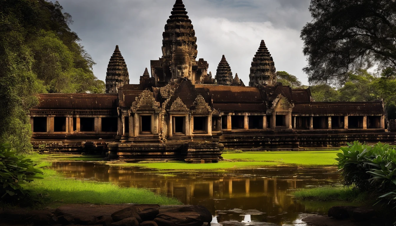 (Stable photodiffusion,grande detalhe foto:1.25),Epic landscape in Cambodia,lindo templo de Angkor Wat, Magnificent Architectural Beauty,torres altas e intrincadas,ancient ruins,esculturas em pedra natural,atmosfera serena,Historical wonder,(Escuro,sombrio,Misterioso) jungle setting,Gnarled vineyards and lush vegetation,Thick tree canopy,Hints of sunlight piercing the foliage,Sonho,ethereal atmosphere,(anjo caindo:1.1) Gracefully descending from the sky,elegante e hipnotizante,asas angelicais estendidas largas,dresses with flowing robes,Divine Beauty and Grace,(olhar intenso:olhos penetrantes,olhos hipnotizantes:1.1) radiating wisdom and ethereal energy,(serene expression,comportamento calmo),Golden halo shimmering above your head,magical aura around her,(dramatic lighting:1.2) casting deep shadows and highlighting your features,(Atmosfera misteriosa:1.1) Adding an air of mystique and enchantment,(vivid colors:verdes exuberantes,marrons musgosos,ricos tons de terra),(tons quentes sutis:Tons dourados,brilho laranja suave),criando um contraste entre claro e escuro,(folhas detalhadas:1.15) com texturas e veios intrincados,Mosaic patterns engraved on the stone walls,Reflexos do templo em uma lagoa tranquila nas proximidades,(espiritualidade antiga:energia sagrada,Presence of the Divine),immerse yourself in the history and grandeur of ancient Cambodia.enorme