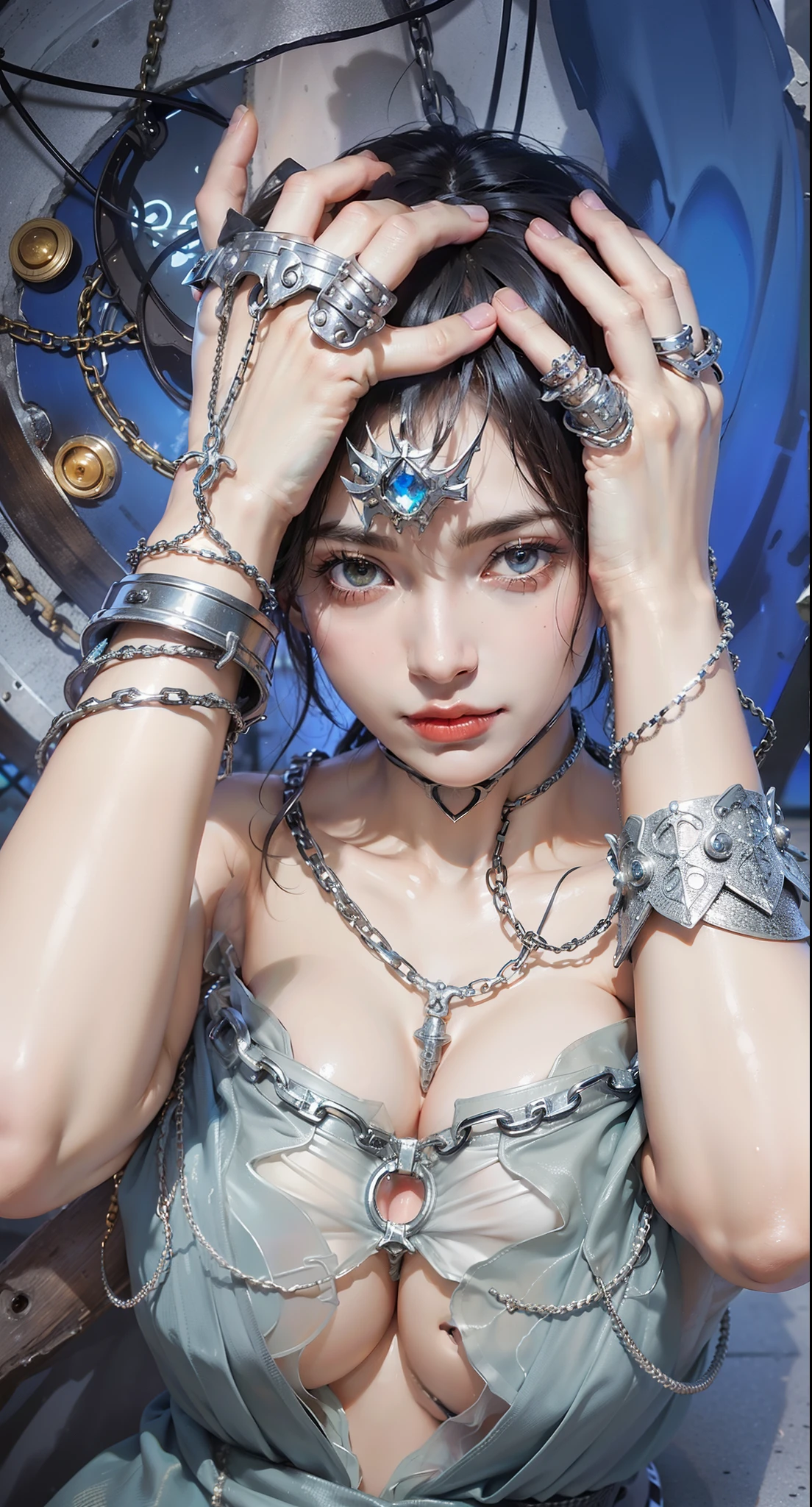 ,((Wearing a torn sheer costume of a superheroine)),(, No bra)), Wet crotch, Wet thighs, Beautiful girl with accentuated slender abs: 1.4, (((nipple tips protruding, areola is protruding, The shape of the pubic region is clearly visible)), sixpack abs: 1.4, Bust Botox, Photo, Sharpness, Unique 850 4, Koda850 k portrait camera, F1.6 shots, Ultra-realistic textures, Spectacular light textures, Cinestil 800 Fashion Mechanics, (futuristic sci-fi battle fashion: 1.1), (tied perfectly by chain), Restraint, Slaves, collars, ((wide prison with sunlight)), Dark fantasy, Realistic material details, extreme hight detail, Ultra-realistic materials ((Torn costume))), Wet, Cloudy, (Chained)), ((big emphasized by chains)), ((chains digging into crotch)), ( (Collar)), (, No bra), shredded costumes, broken golden shields and battle spears,, White combat gloves, Combat shoulder armor, Blood splattered on the face, Blood splattered, Realistic, (Bruises, Dirty, ripped clothing, skimpy clothing, Blood: 1.3), Torn Cape, Torn pantyhose, Long legs, ((iron pipe in the crotch)), Metallic shackles and fetters, ((chains hung from heaven)), Wet crotch is clearly visible, Swarovski's sword and the anatomy beneath his feet, (futuristic sci-fi battle fashion, Torn mesh stockings),snake woman,Medusa,