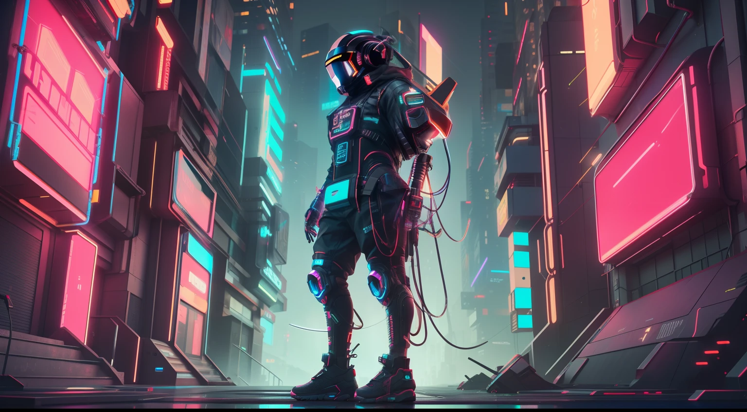(masterpiece, full-body shot, intrincate raw photography)cyberpunk citizen in oversize techwear, using a black astro daftpunk style helmet, neon light details, intrincate, futuristic, sharpness, ramdom pose, cyberpunk city, street neon lights, insta pic, photo of the year, octane render, substance, maya 3d, cinema4d, artstation trending, devian art trend,