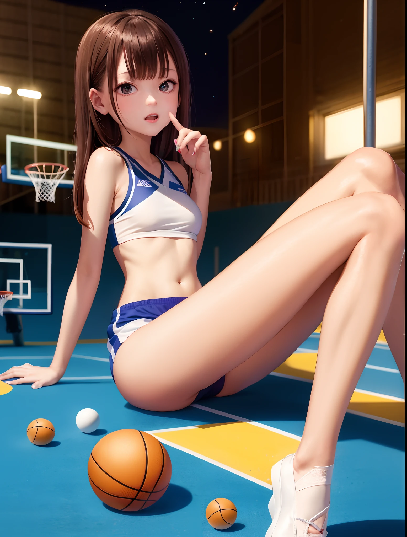 maryms, best quality, (beauty), masterpiece, 1 girl, physics-based render, ultra high resolution, narrow waist, thinness, big eyes, long legs, (small breasts), swollen eyes, night, outdoor basketball court, shiny skin, facing the viewer, sexy pose, spin ball on finger, seduce face,