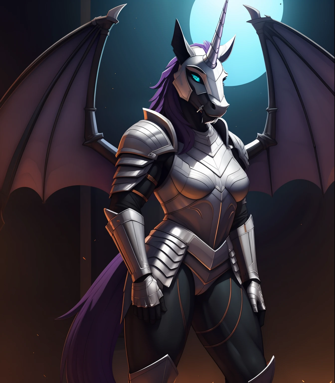 Tall_lanky_muscular_mature_unicorn female dark_purple_mane black_furry_body teal_eyes slit_pupils majestic solo Masterpiece best_quality absurdres highly_detailed silver_heavy_plate_armor silver_helmet cleanly_drawn_eyes fangs bat_wings purple_eyeshadow horse_snout anthro_only by_claweddrip, by_greasymojo, by_underscore-b, by_runawaystride