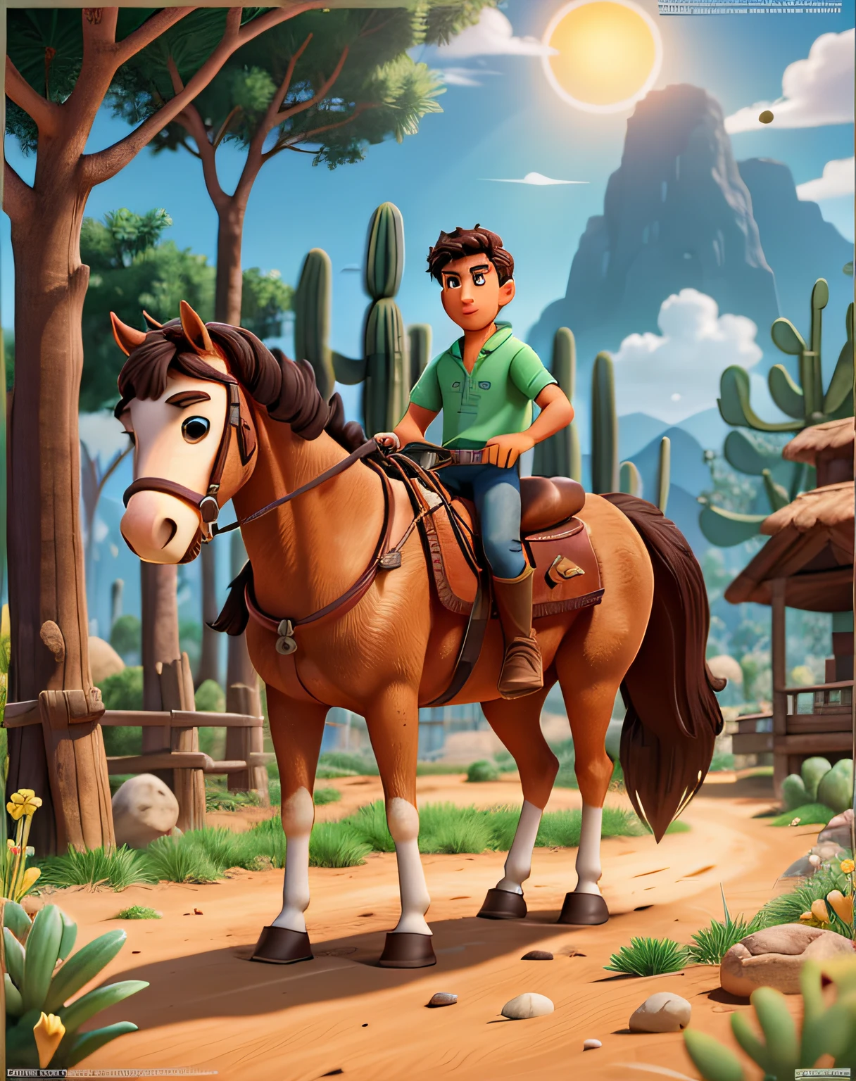 Poster de um homem vaqueiro sobre um cavalo com as patas dianteiras levantada, estilo disney pixar, alta qualidade, melhor qualidade, Illuminated by the light of the setting sun, Against the backdrop of a backcountry, dirt floor, pedras e cactus, poster, Poster title: "Flávio Filho", Subtitle: "E a saga do pagamento em dia!"