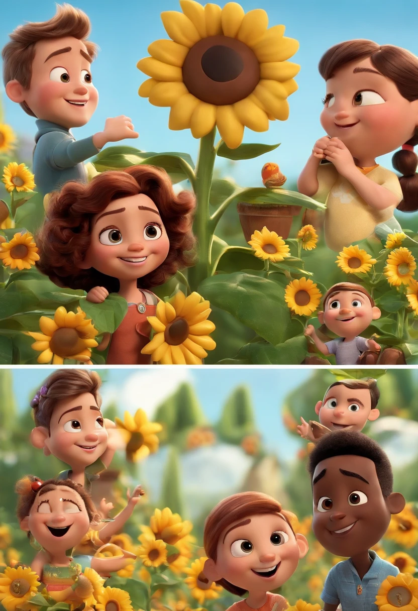 Create a Disney PIXAR-style 3D poster. ((centro da imagem, Triplets)), ((3 children)) ((1 no meio e 2 meninaado, They're hugging each other, O menino tem pstanha e cabelos castanhos escuros e olhos castanhos escuros, 1 menina tem pele cllhos e cabelos escuros e cacheados, e a outra menina tem pele morena, escuros e cabelos escuros e lisos)) ((tudo isso no estilo Disney PIXAR 3D, In the background, A house of sunflowers, Gloria Studio, The garden is full of nature 3D render RTX clay material, estilo de design cartunesco, POP Mart, soft lighting, linhas suaves, Spring tilt, Detailed illustrations of PIXAR 3D, Detalhes hiper-realistas, cor quente no estilo Disney PIXAR 3D))