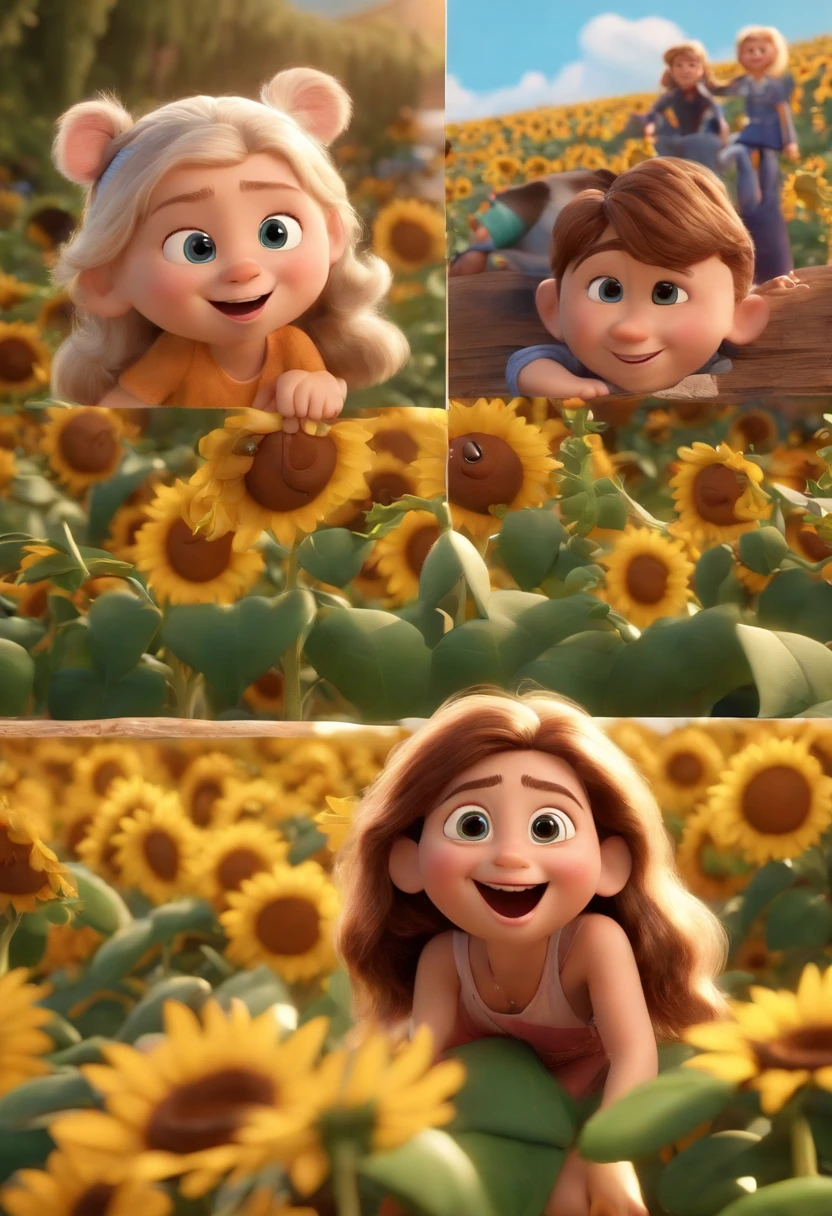 Create a Disney PIXAR-style 3D poster. ((centro da imagem, Triplets)), ((3 children)) ((1 menino no meio e 2 meninas ao lado, They're hugging each other, O menino tem pele castanha e cabelos castanhos escuros e olhos castanhos escuros, 1 menina tem pele clara, olhos e cabelos escuros e cacheados, e a outra menina tem pele morena, olhos escuros e cabelos escuros e lisos)) ((tudo isso no estilo Disney PIXAR 3D, In the background, A house of sunflowers, Gloria Studio, The garden is full of nature 3D render RTX clay material, estilo de design cartunesco, POP Mart, soft lighting, linhas suaves, Spring tilt, Detailed illustrations of PIXAR 3D, Detalhes hiper-realistas, cor quente no estilo Disney PIXAR 3D))