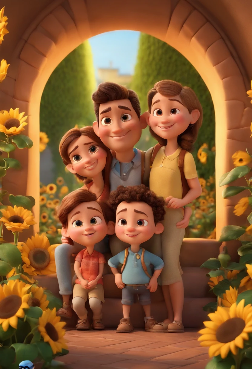 Create a Disney PIXAR-style 3D poster. ((centro da imagem, Triplets)), ((3 )) ((1 menino no meio e 2 meninas ao lado, They're hugging each other, O menino tem pele castanha e cabelos castanhos escuros e olhos castanhos escuros, 1 menina tem pele clara, olhos e cabelos escuros e cacheados, e a outra menina tem pele morena, olhos escuros e cabelos escuros e lisos)) ((tudo isso no estilo Disney PIXAR 3D, In the background, A house of sunflowers, Gloria Studio, The garden is full of nature 3D render RTX clay material, estilo de design cartunesco, POP Mart, soft lighting, linhas suaves, Spring tilt, Detailed illustrations of PIXAR 3D, Detalhes hiper-realistas, cor quente no estilo Disney PIXAR 3D))