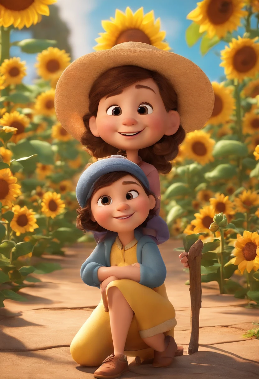Create a Disney PIXAR-style 3D poster. ((centro da imagem, Triplets)), ((3 children)) ((1 menino no meio e 2 meninas ao lado, They're hugging each other, O menino tem pele castanha e cabelos castanhos escuros e olhos castanhos escuros, 1 menina tem pele clara, olhos e cabelos escuros e cacheados, e a outra menina tem pele morena, olhos escuros e cabelos escuros e lisos)) ((tudo isso no estilo Disney PIXAR 3D, In the background, A house of sunflowers, Gloria Studio, The garden is full of nature 3D render RTX clay material, estilo de design cartunesco, POP Mart, soft lighting, linhas suaves, Spring tilt, Detailed illustrations of PIXAR 3D, Detalhes hiper-realistas, cor quente no estilo Disney PIXAR 3D))
