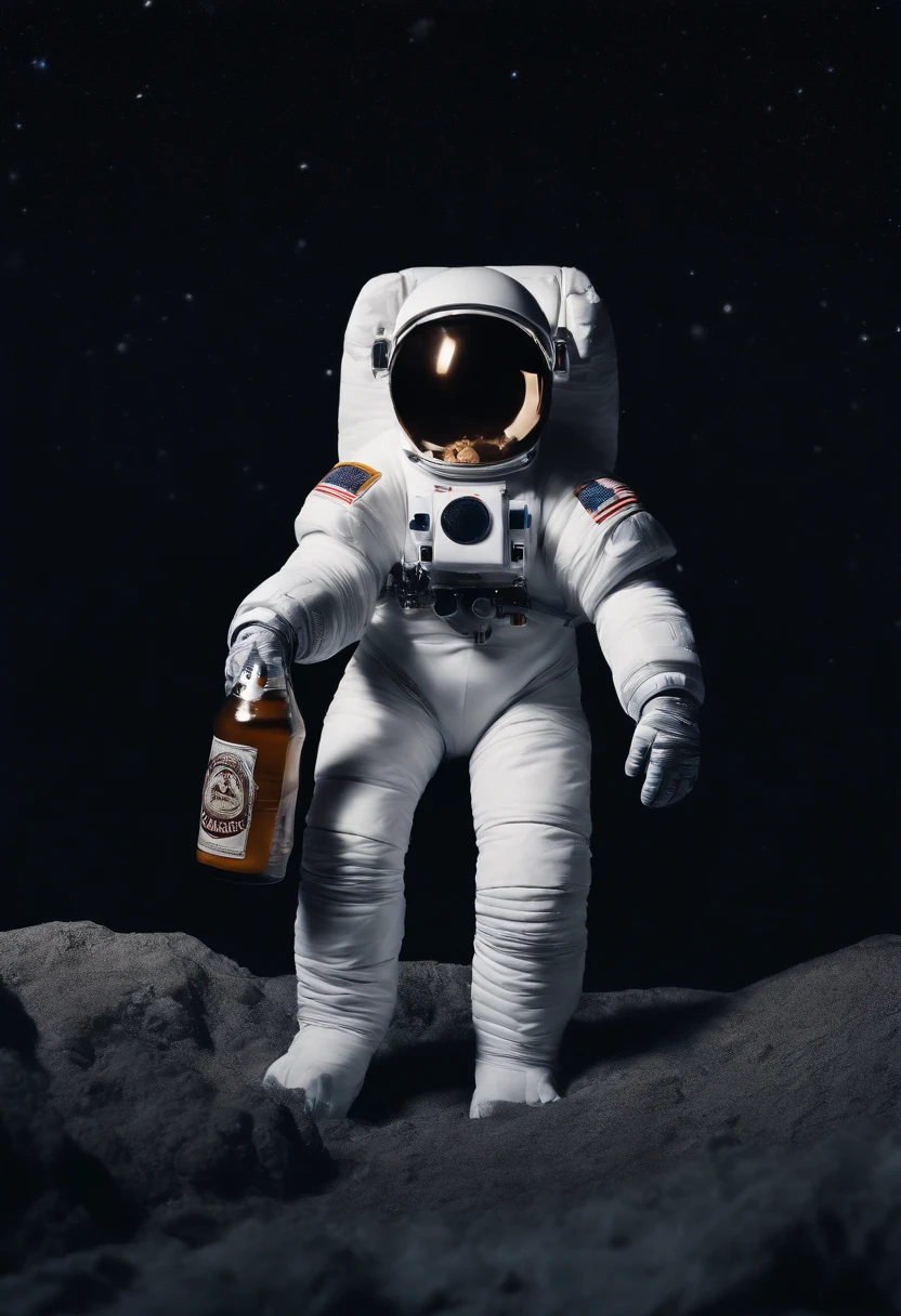 A Yeti themed Astronaut costume, yeti head, floating in space, empty space, in the distant center holding a beer, 1/4 of blurred earth in the background, depth of field, beer focus