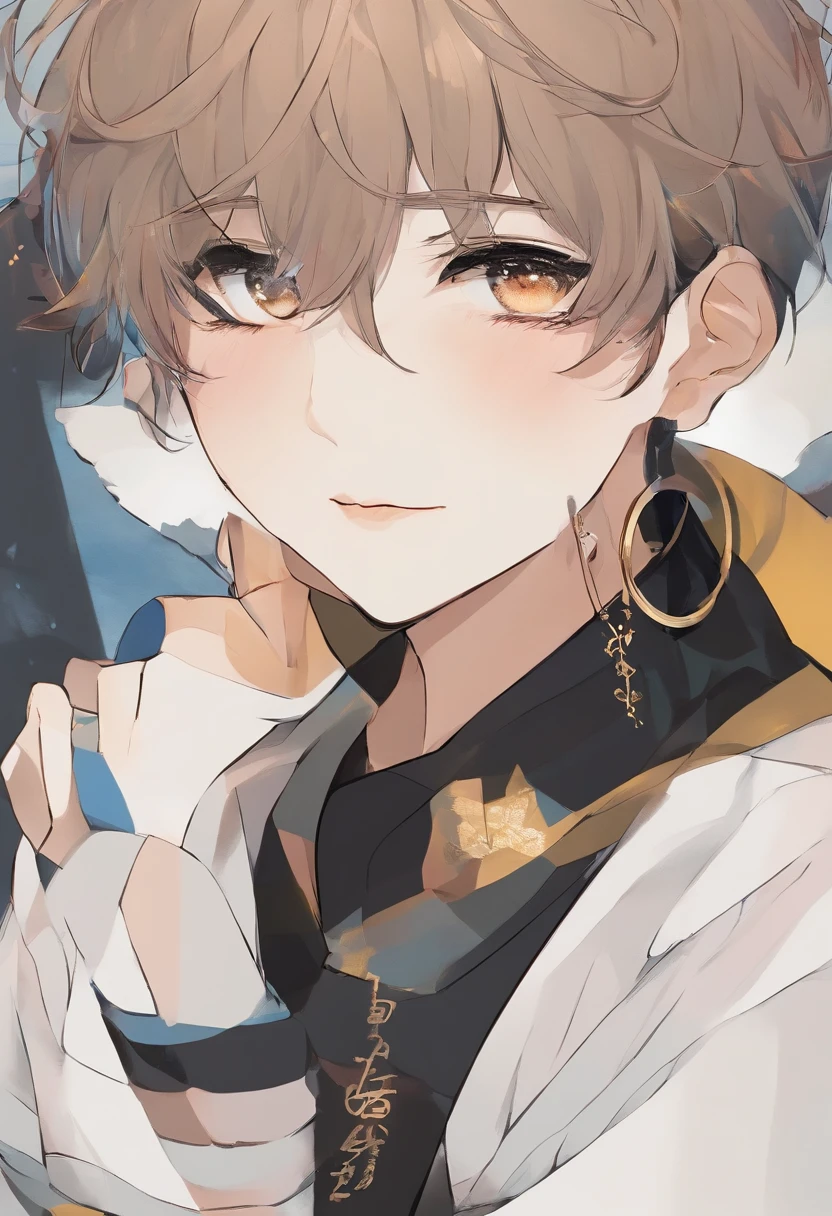 Bongroku is a boy with curly brown hair,Golden pupils,Soft facial features,Lazy demeanor,Moles in the corners of the eyes,The body type is very thin,black cloaths,Wearing a brown beret,There are diamond-shaped gold drop earrings on the ears,I walk the street at dusk,with a melancholy expression,Hesitant eyes,sideface