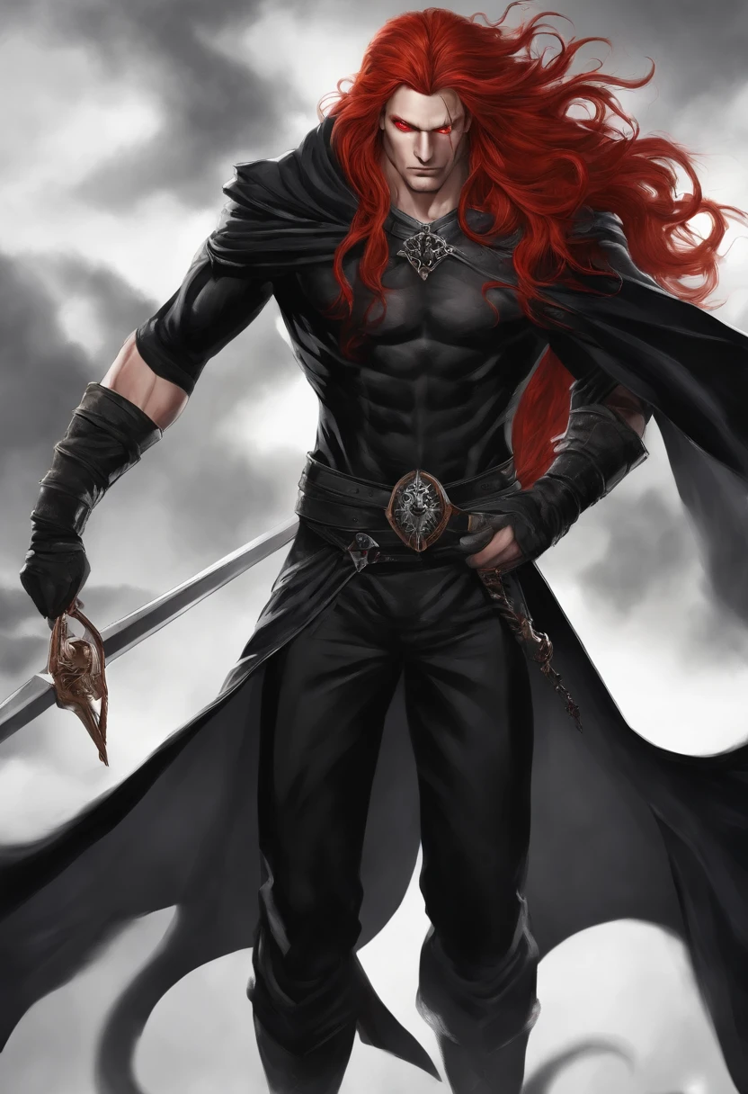 Male with long red hair. black vein markings from the eyes onto the cheeks. black claws down to the elbows. black cloak with white X markings. tall and muscular. fully black eyes, has third eye that is also fully black. one piece style.