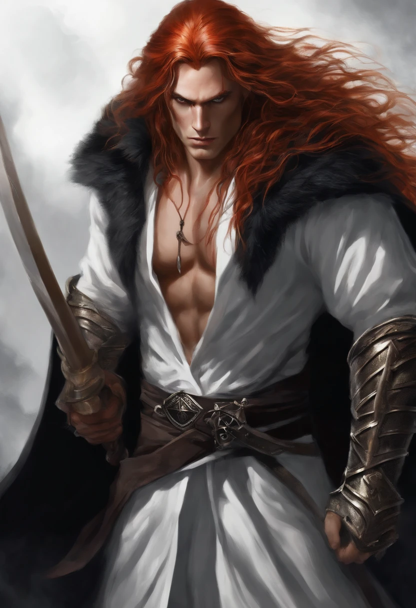 Male with long red hair. black vein markings from the eyes onto the cheeks. black claws down to the elbows. black cloak with white X markings. tall and muscular. fully black eyes, has third eye that is also fully black. one piece style.