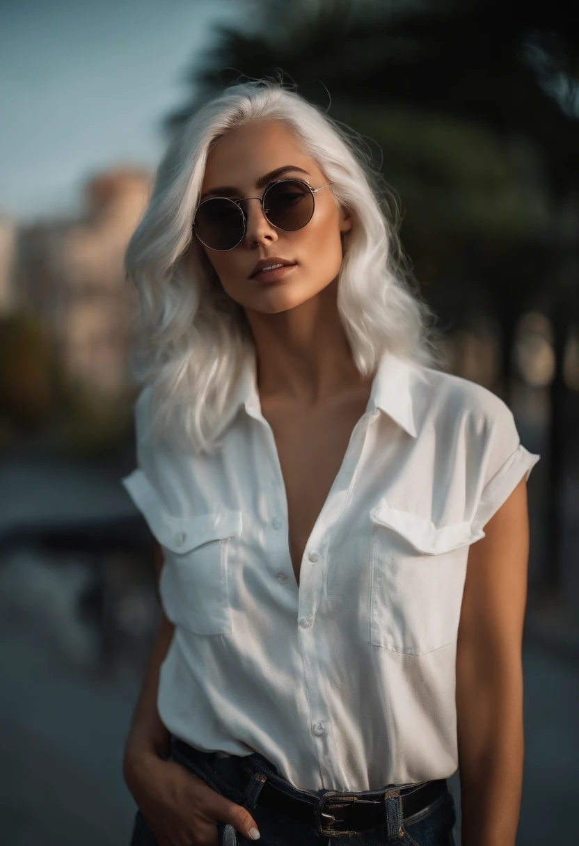 There's a woman with white hair and street clothes posing, bespectacled, sorrindo, corpo inteiro, Modelo feminina de 24 anos, menina do cabelo prateado, menina com cabelo branco, Posando, menina com cabelo branco curto, In the light of a building, por do sol, Ultra sharp focus, Filmagem realista, Women's clothing
, ((filmic grain, detalhes da pele, textura de pele altamente detalhada, 8K HDR, DSLR)), white sneakers, brilhante,