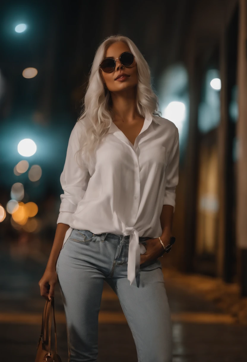 There's a woman with white hair and street clothes posing, bespectacled, sorrindo, corpo inteiro, Modelo feminina de 24 anos, menina do cabelo prateado, menina com cabelo branco, Posando, menina com cabelo branco curto, In the light of a building, it is night time, Ultra sharp focus, Filmagem realista, Women's clothing
, ((filmic grain, detalhes da pele, textura de pele altamente detalhada, 8K HDR, DSLR)), white sneakers, Brilhante,