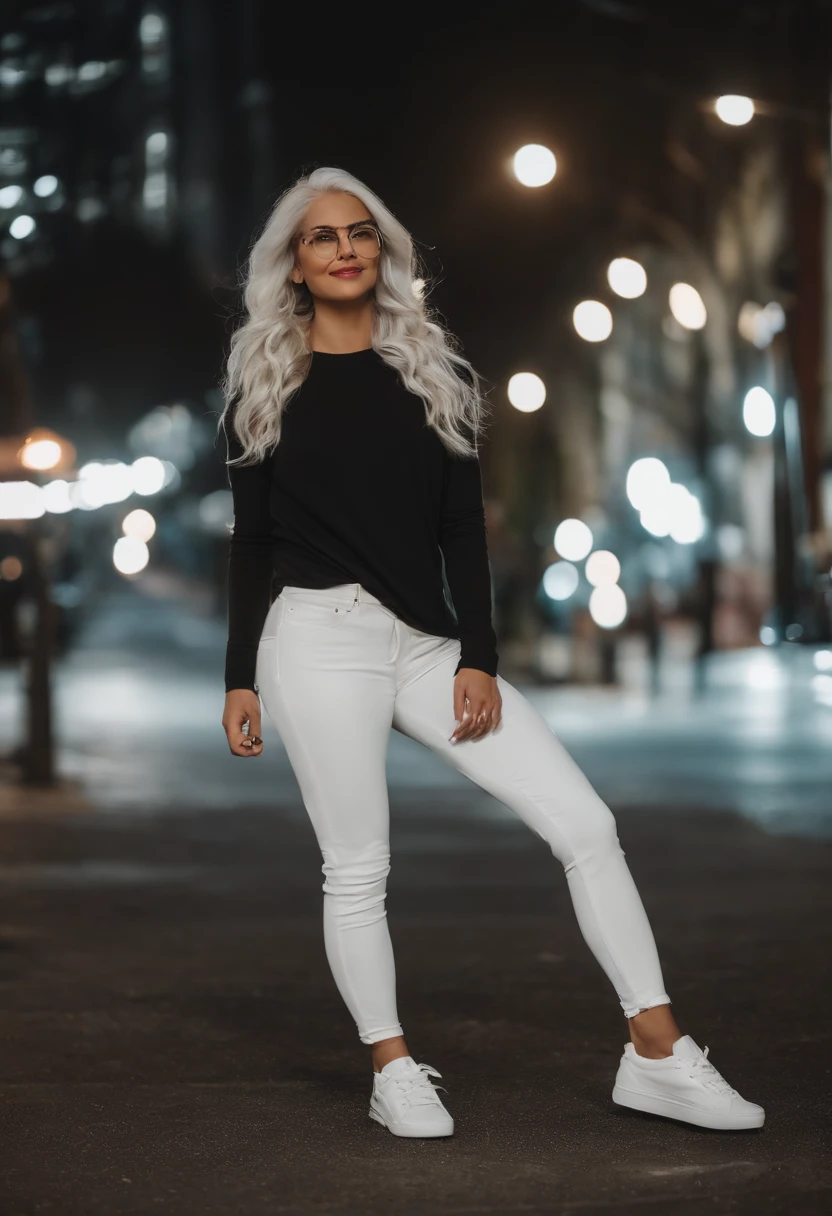 There's a woman with white hair and street clothes posing, bespectacled, sorrindo, corpo inteiro, Modelo feminina de 24 anos, do cabelo prateado, meninaabelo branco, Posando, menina com cbranco curto, In the light of a building, it is night time, Ultra sharp focus, Filmagem realista, Women's clothing
, ((filmic grain, detalhes da pele, textura de pele altamente detalhada, 8K HDR, DSLR)), white sneakers, Brilhante,