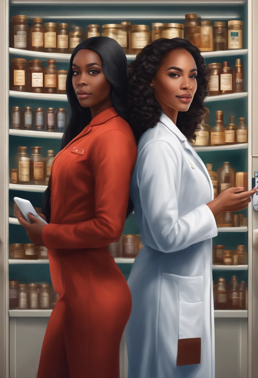 2 pharmacists female, one has long hair and is african american , the other is asian medium hair, cellphone aplication , health , laws and drugs