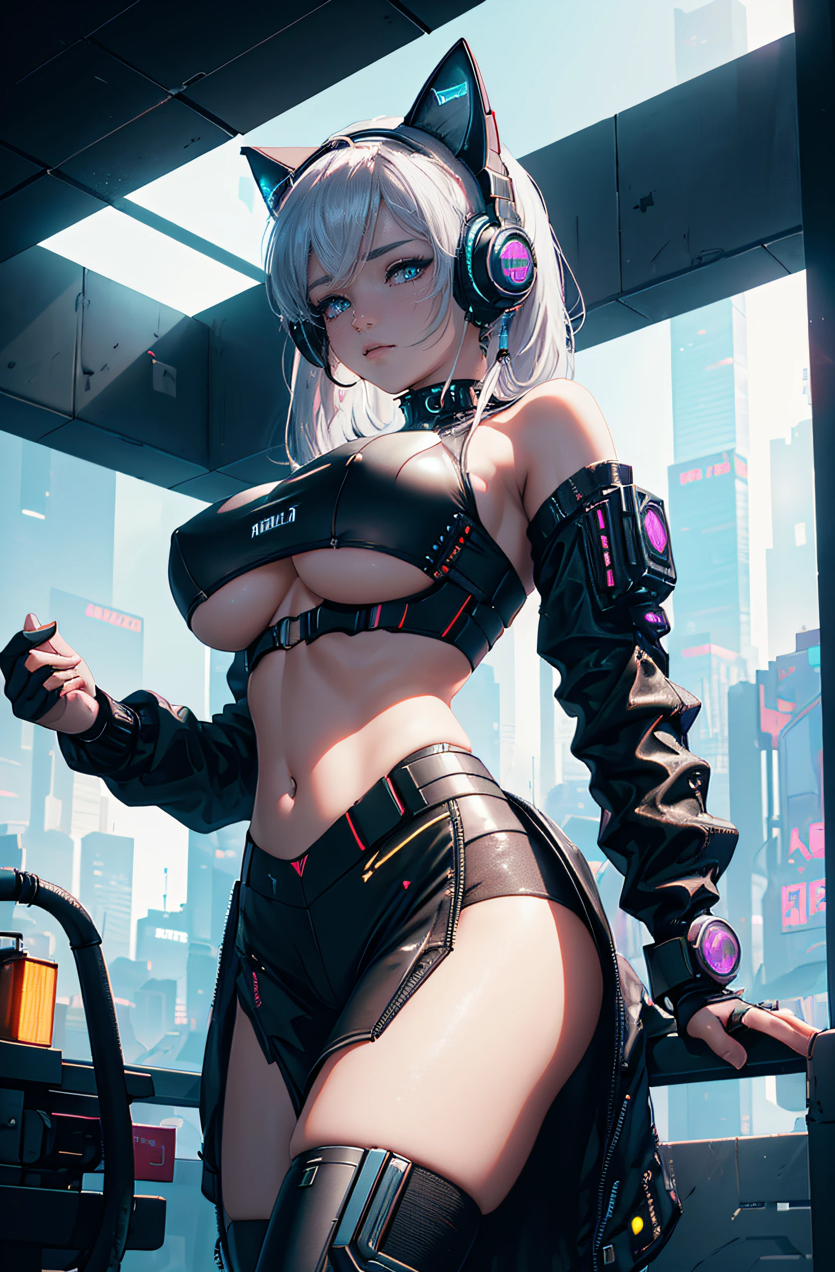 (masterpiece:1.2, beautiful, 8k, 4k, amazing quality, cyberpunk, futuristic, extreme detail, ultra sharp, smooth, ray tracing, fine detail, quality lighting, perfect, underboob, cat ear headphones)